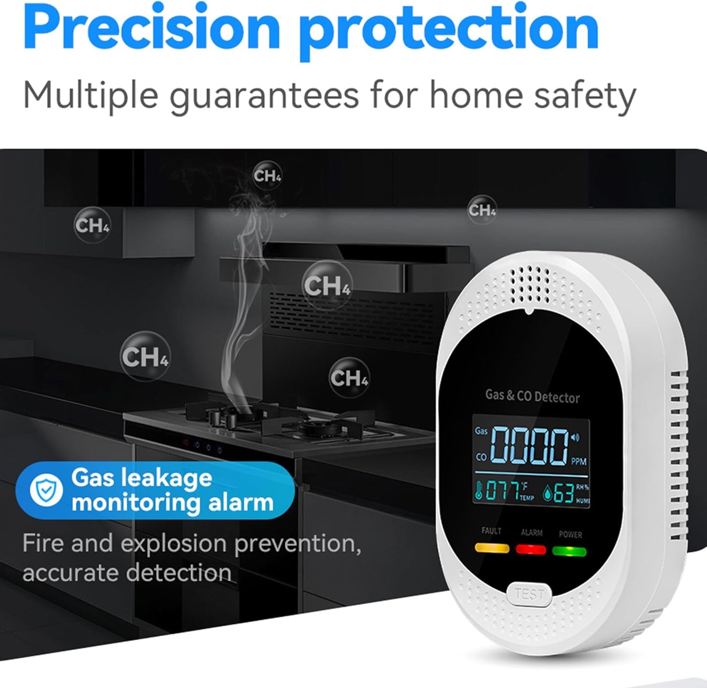 3PCS 4-in-1 Carbon Monoxide & Natural Gas Detectors with Temperature/Humidity LCD Display, Plug in Co Leak Detector Propane Monitor for Home Travel RV Essentials, Sound Alarm Over 85dB