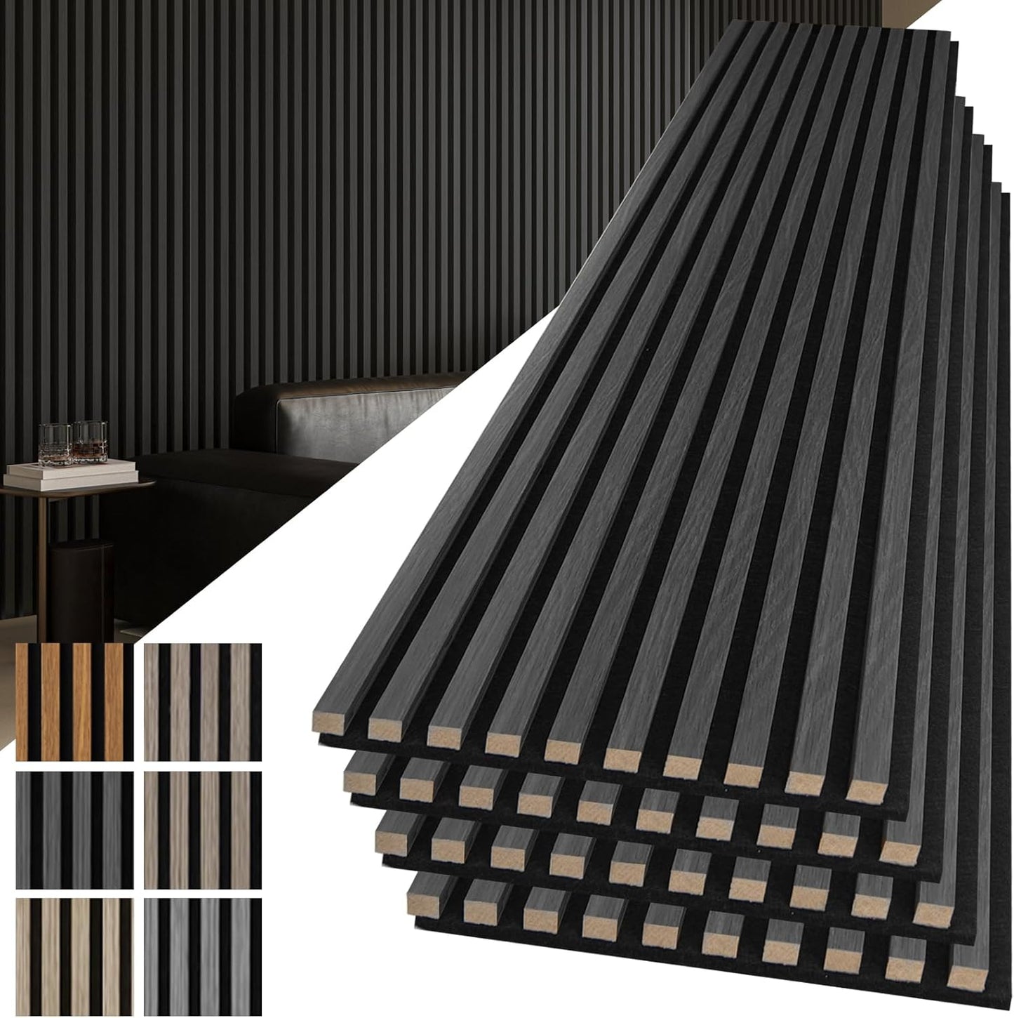Art3d 4-Pack 108" x 12" Acoustic Wood Panels for Wall, Soundproof Wood Slat Panel for Wall and Ceiling, 3D Fluted Sound Absorbing Paneling for Interior Wall Decor, Living Room, Bedroom - Blackwood
