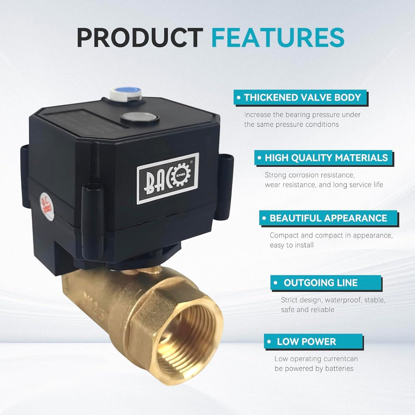 BACOENG Motorized Ball Valve, 2 Wire Auto Return 1" Brass Electrical Ball Valve with Standard Port, AC/DC9-24V Manually Closable (Normally Closed), Black