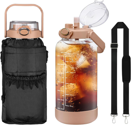 64oz Glass Water Bottle with Straw and Sleeve Half Gallon Motivational Water Bottle with Time Marke and Strap 2L Leakproof Borosilicate Reusable Water Jug for Gym Outdoors