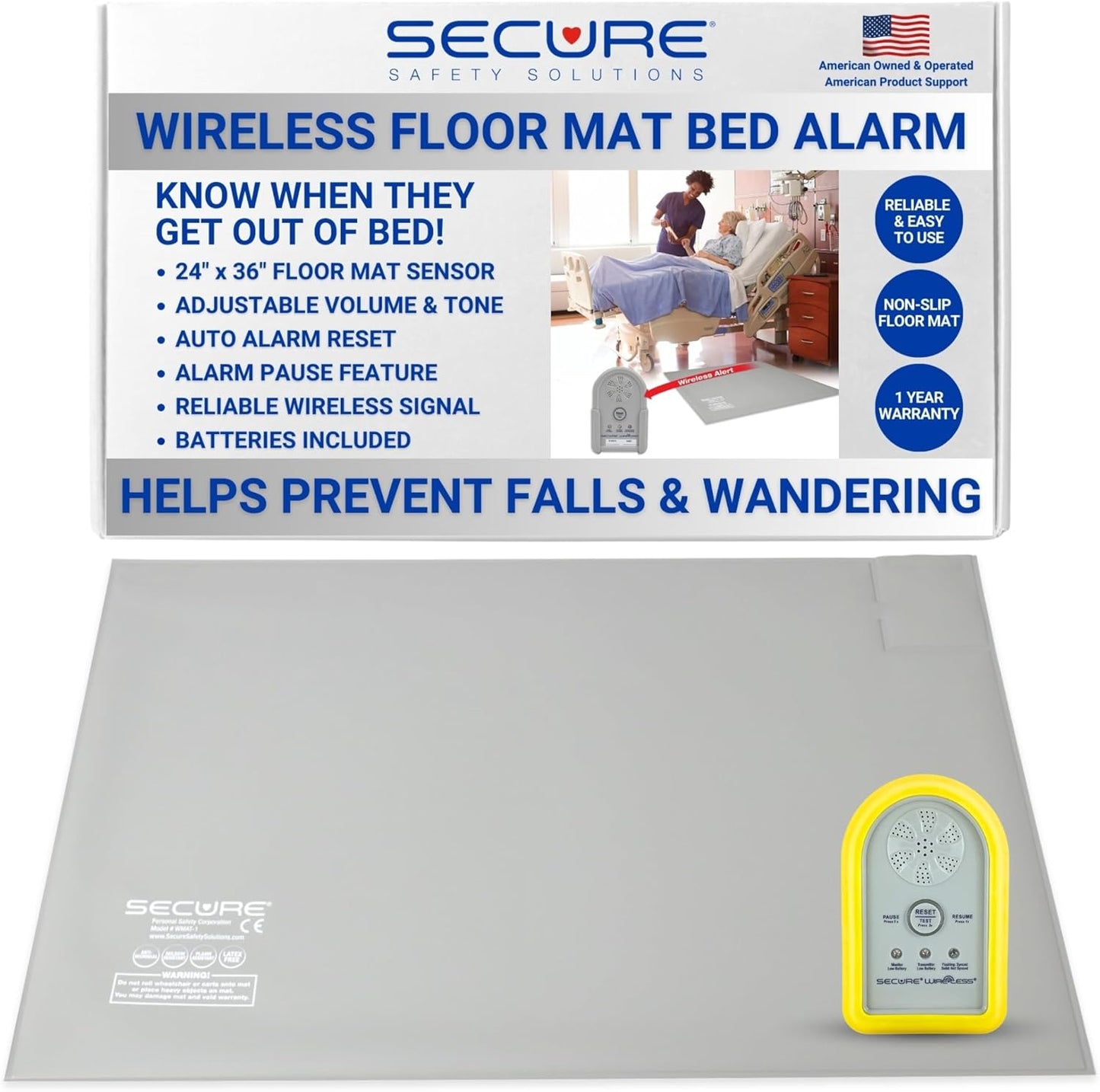Secure Wireless Floor Mat Sensor Bed Alarm for Elderly Adults - 24"x36" Floor Sensor & Remote Alert Monitor - Bed Alarms and Fall Prevention for Elderly Dementia Patients, Caregiver Alert Seniors