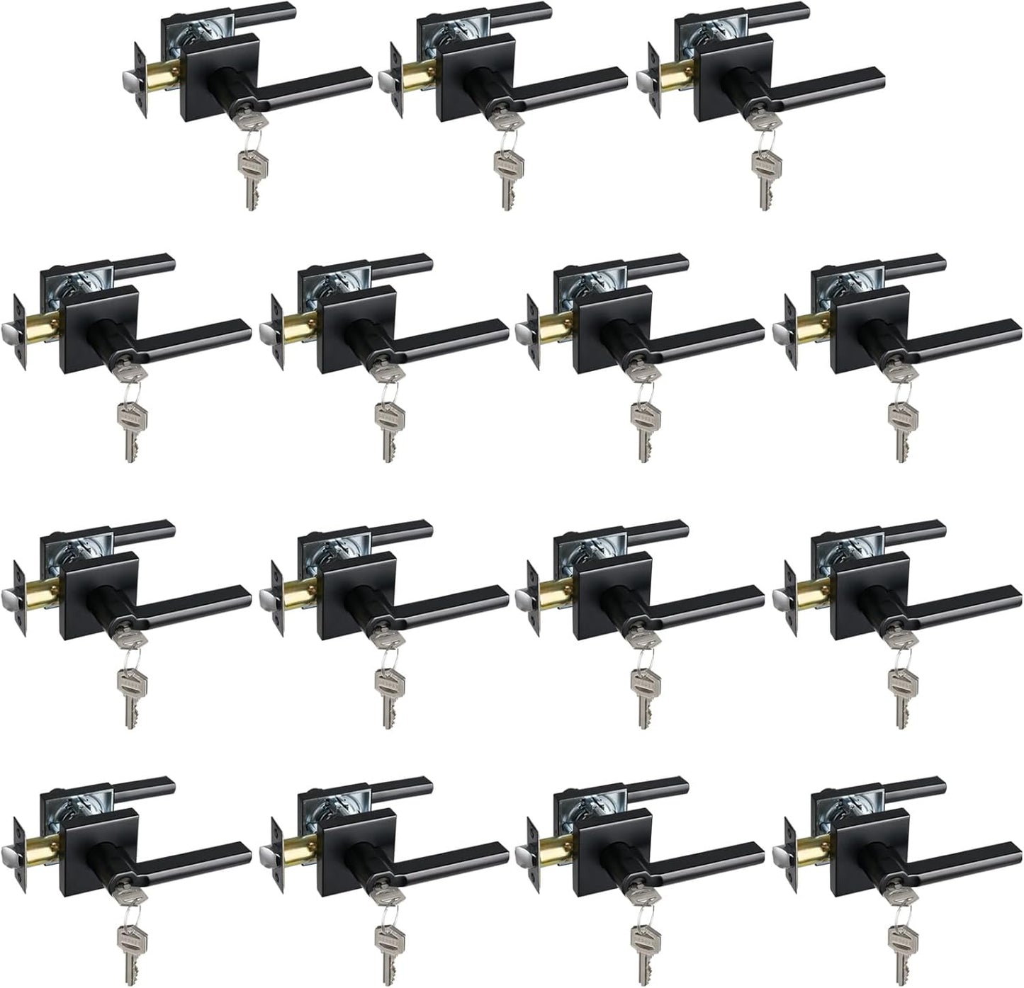 Keyed Entry Door Lever with Lock, Heavy Duty Square Interior Handle for Front Door and Office, Matte Black, Reversible for Right&Left Handed, 15Packs