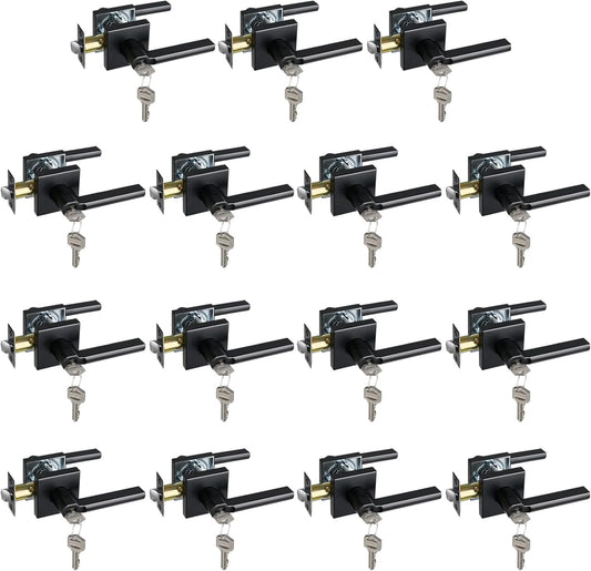 Keyed Entry Door Lever with Lock, Heavy Duty Square Interior Handle for Front Door and Office, Matte Black, Reversible for Right&Left Handed, 15Packs