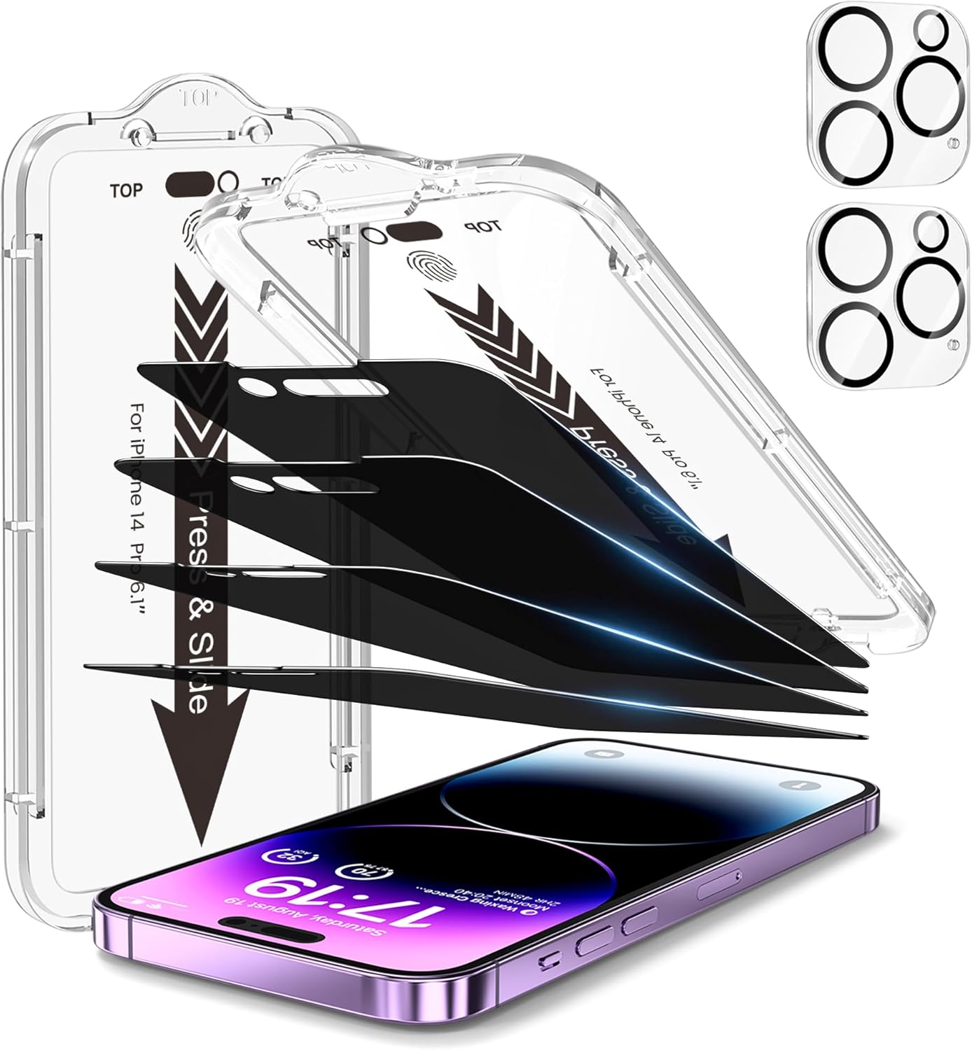 EZ-GLAZ-4+2 Pack for iPhone 14 Pro Privacy Screen Protector[6.1 inches] With Camera Lens Protector, [Drop Protection] 9H Hardness Full Coverage Anti-Spy Tempered Glass Film, Easy to install