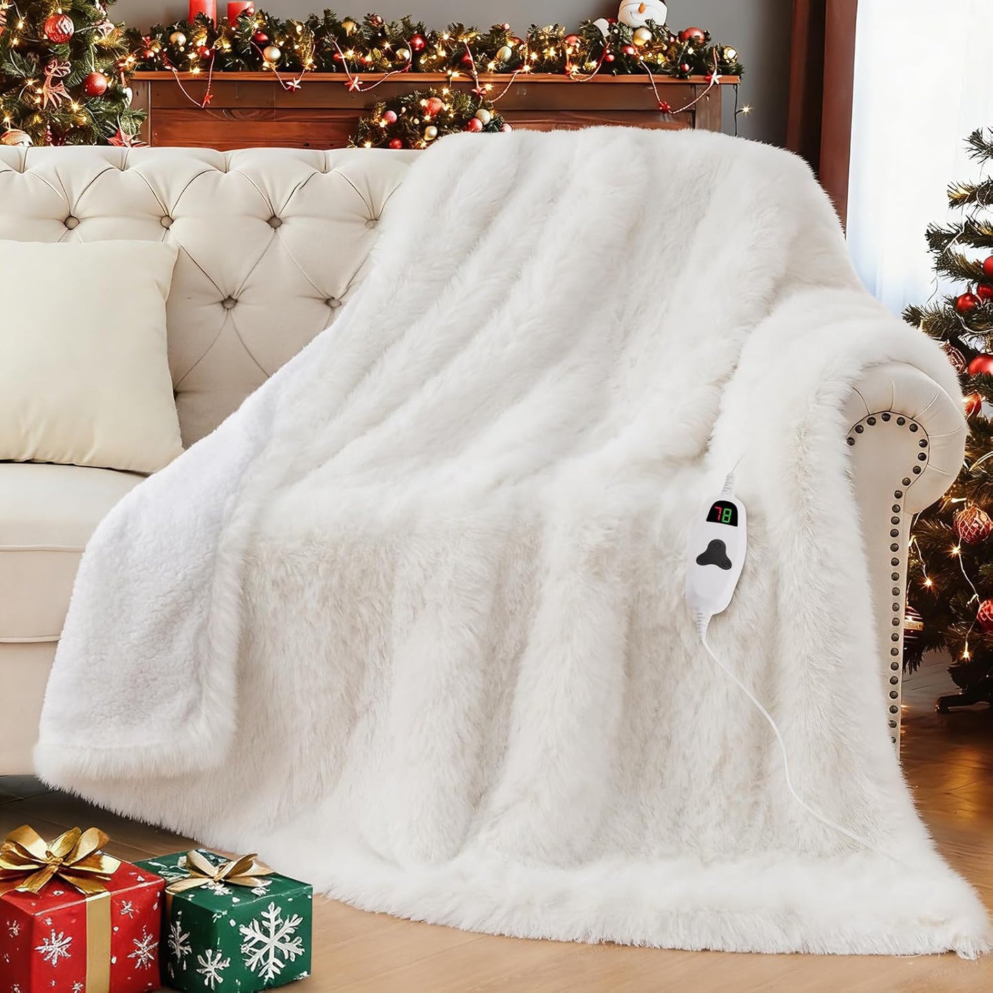 Heated Electric Blanket Twin–Faux Fur with Soft Thick Sherpa,Warm Winter Birthday Gifts for Women Grandma,10 Heat Settings,5 Time Settings with Fast Heating, 62x84, Snow Cloud