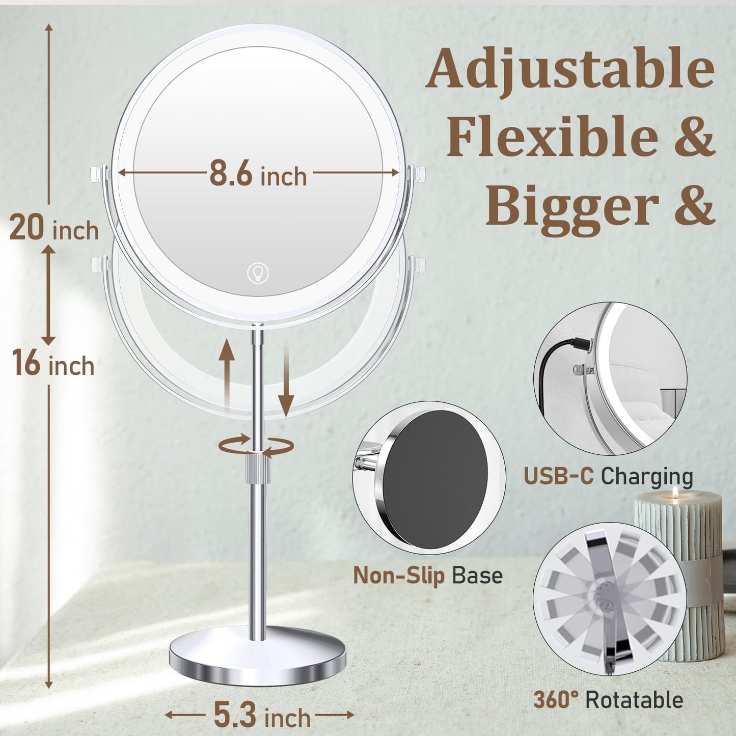 Unimiro 9inch Makeup Mirror with Lights, 1x/20x 5000mAh Makeup Mirrors with Light and Magnification, 360° Rotate Makeup Mirror with Lights and Magnification, 3 Color, 80 LEDs, Stepless Dimmable