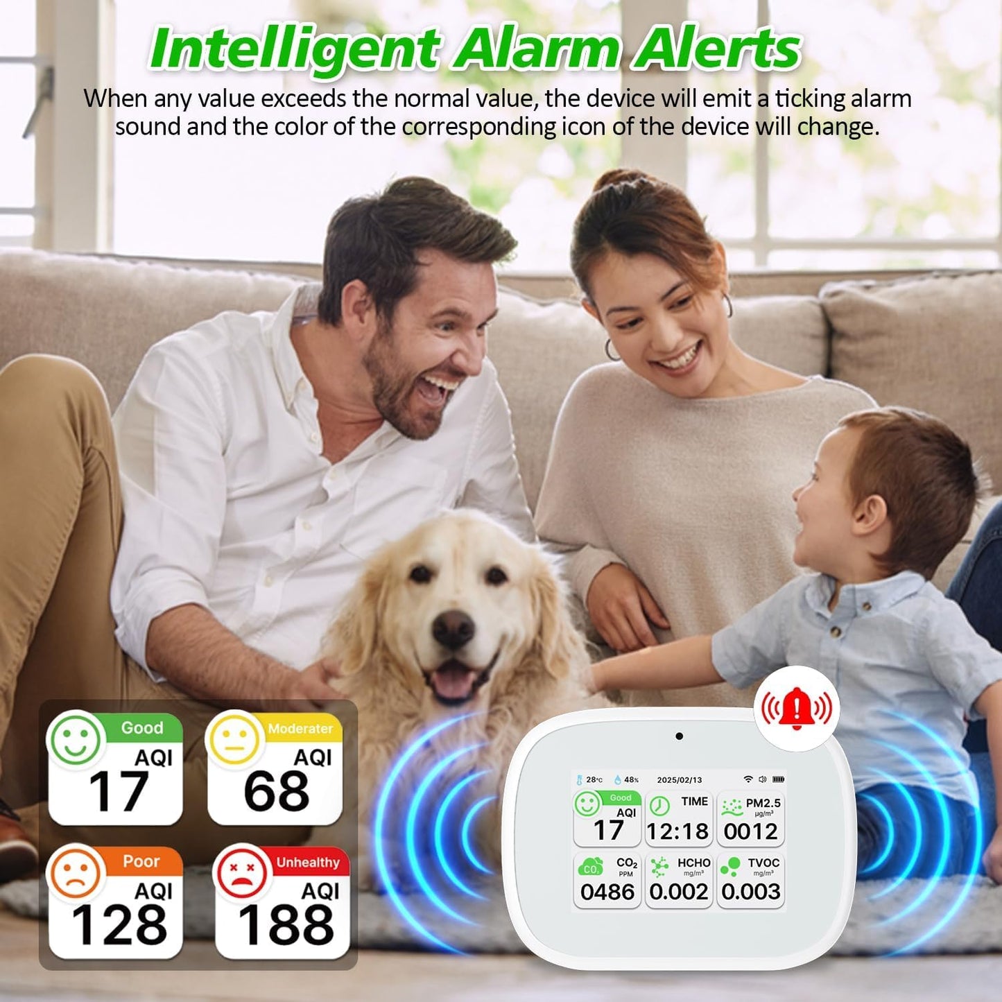 18-in-1 Smart Air Quality Monitor - Indoor WiFi Air Quality Detector with Dual Chip, Real-Time for AQI, CO2, PM2.5, PM1.0, PM10, TVOC, HCHO, Time Display, Temperature & Humidity with APP (White-White)