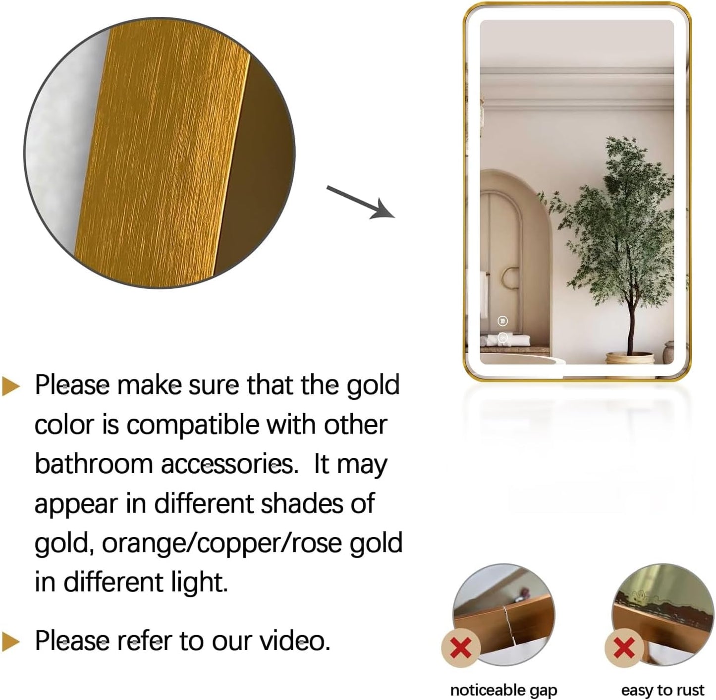 40"x24" Lighted Vanity Mirror with Lights, Gold Metal Frame Led Mirror for Bathroom, Anti-Fog Wall Mirror with Front and Backlit, Shatterproof, 3 Colors Stepless Dimmable, Horizontal/Vertical