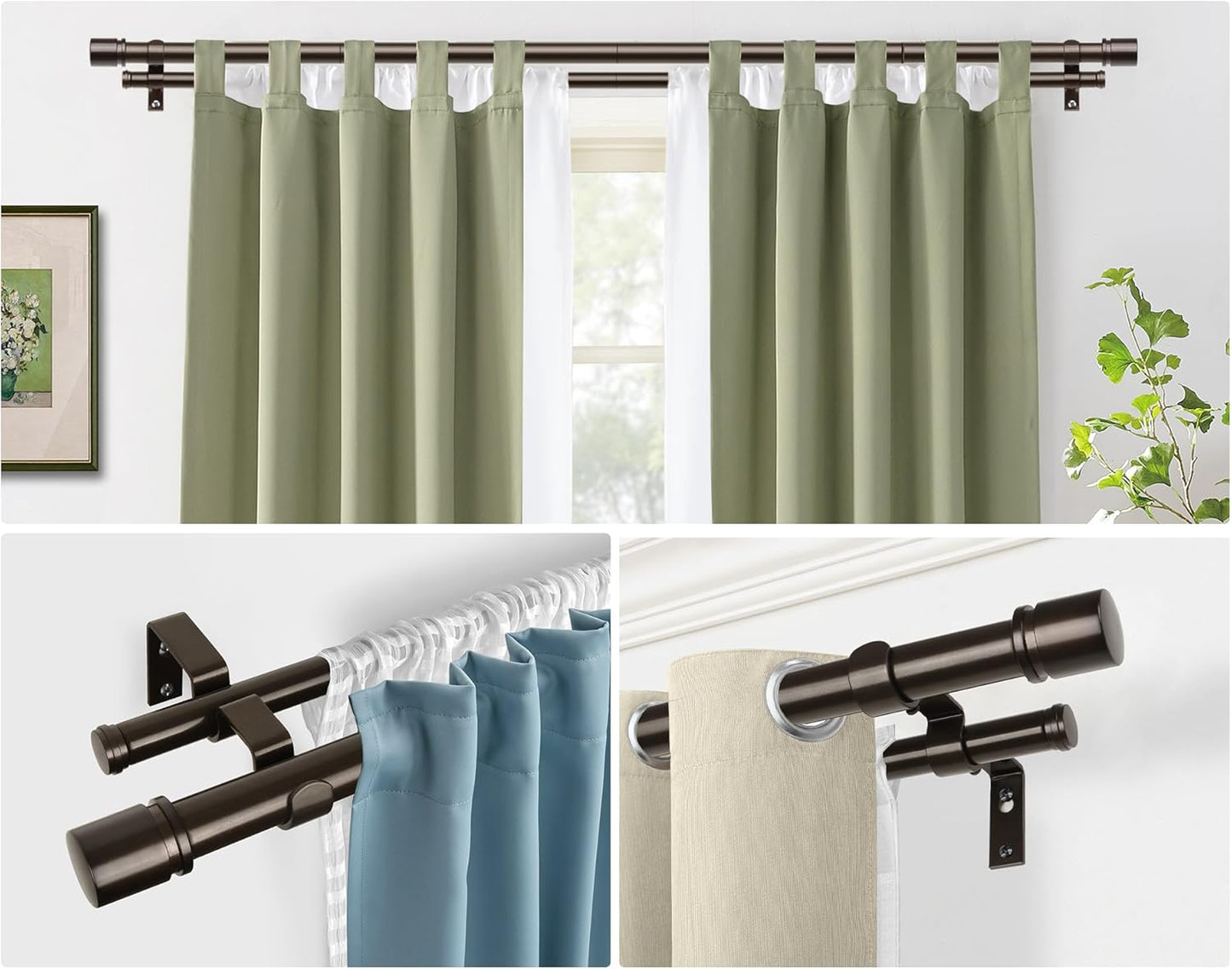 Double Curtain Rod 72 to 144 Inch, HOTOZON 1 Inch Heavy Duty Curtain Rods for Windows, Telescoping Double Drapery Rod with Simple Cap Finials, Bronze