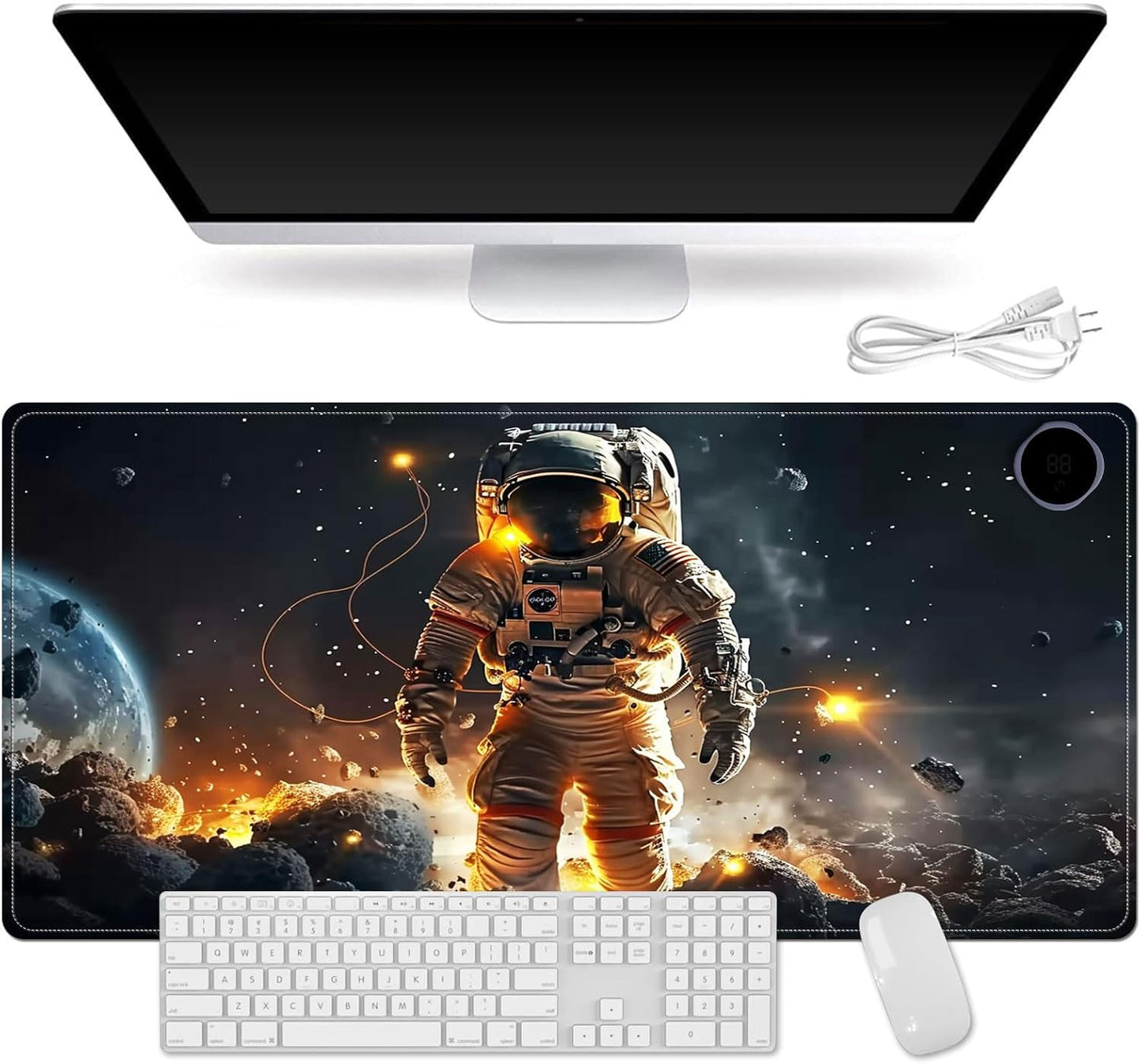 Heated Mouse Pad for Desk 31.5" x 13" – PU Leather Warm Desk Pad with 3 Heat Levels (104°F/113°F/122°F), Plug-in Electric Heating Mat with Auto Shut-Off, Waterproof & Rollable, Astronaut