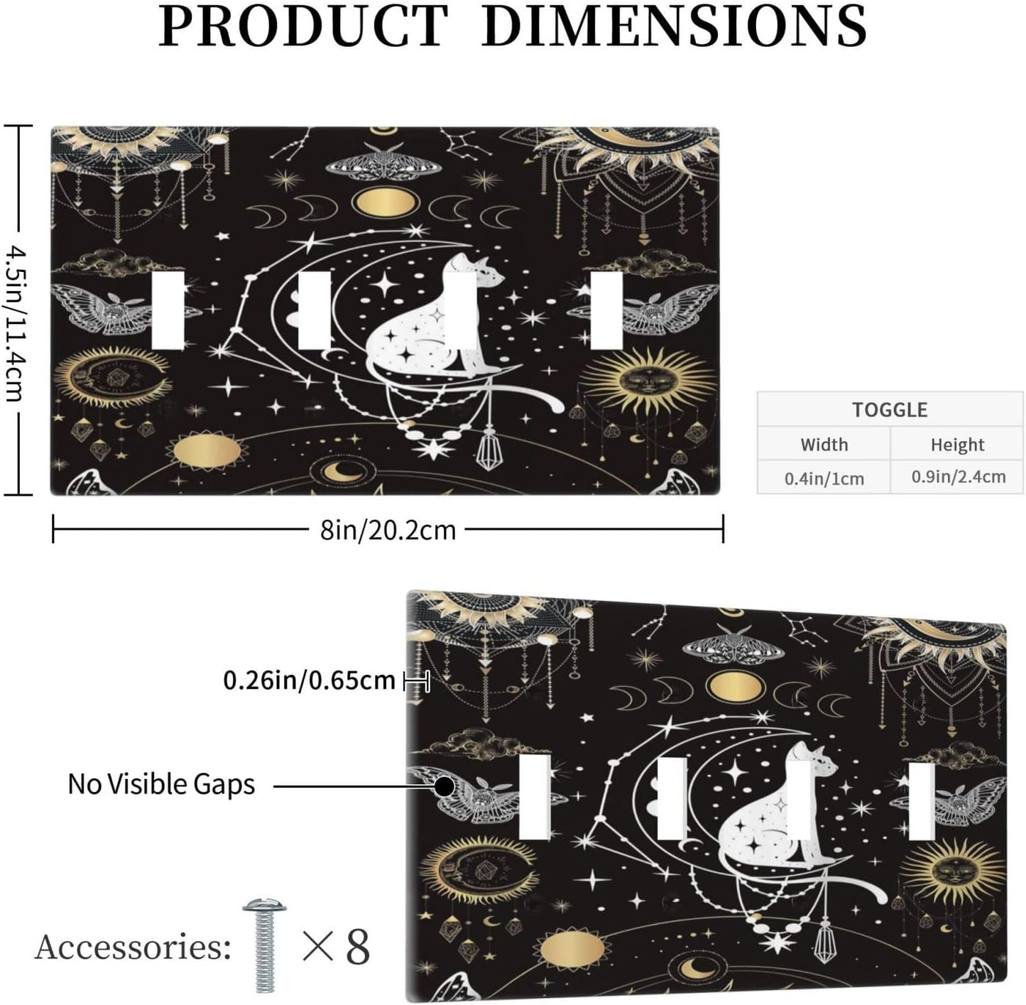 White Cat Tarot Moon Phases Moth Celestial Gothic Light Switch Covers Quad Toggle Electrical Faceplate 4 Gang Wall Plate Decorative Switch Plates Cover for Kids Room Bedroom Decor