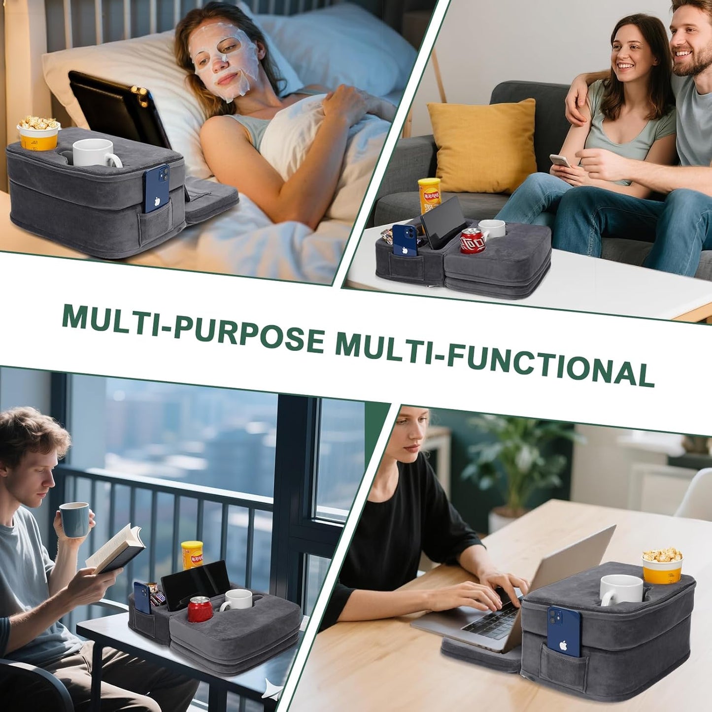 2IN1 Couch Cup Holder Pillow - Sofa Cup Holder Pillow with 7 Holes and Side Pocket | Couch Caddy for Cups, Headphones, Snacks and Phones | Use it on Car, Pack, Beach, RV - Gray