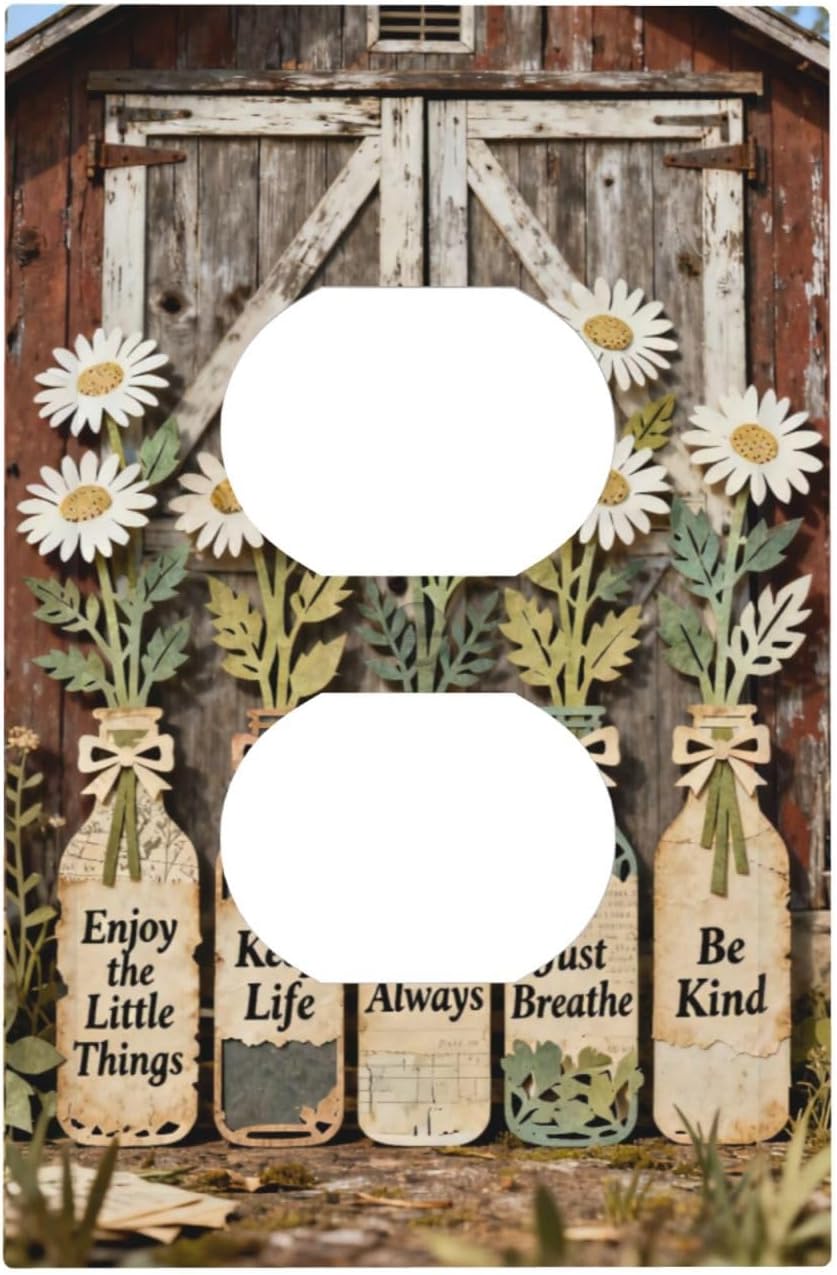 Rustic Daisy Barn Door Flowers Duplex Outlet Decorative Light Switch Covers Electrical Faceplate Switch Plates for Bathroom Kitchen Home
