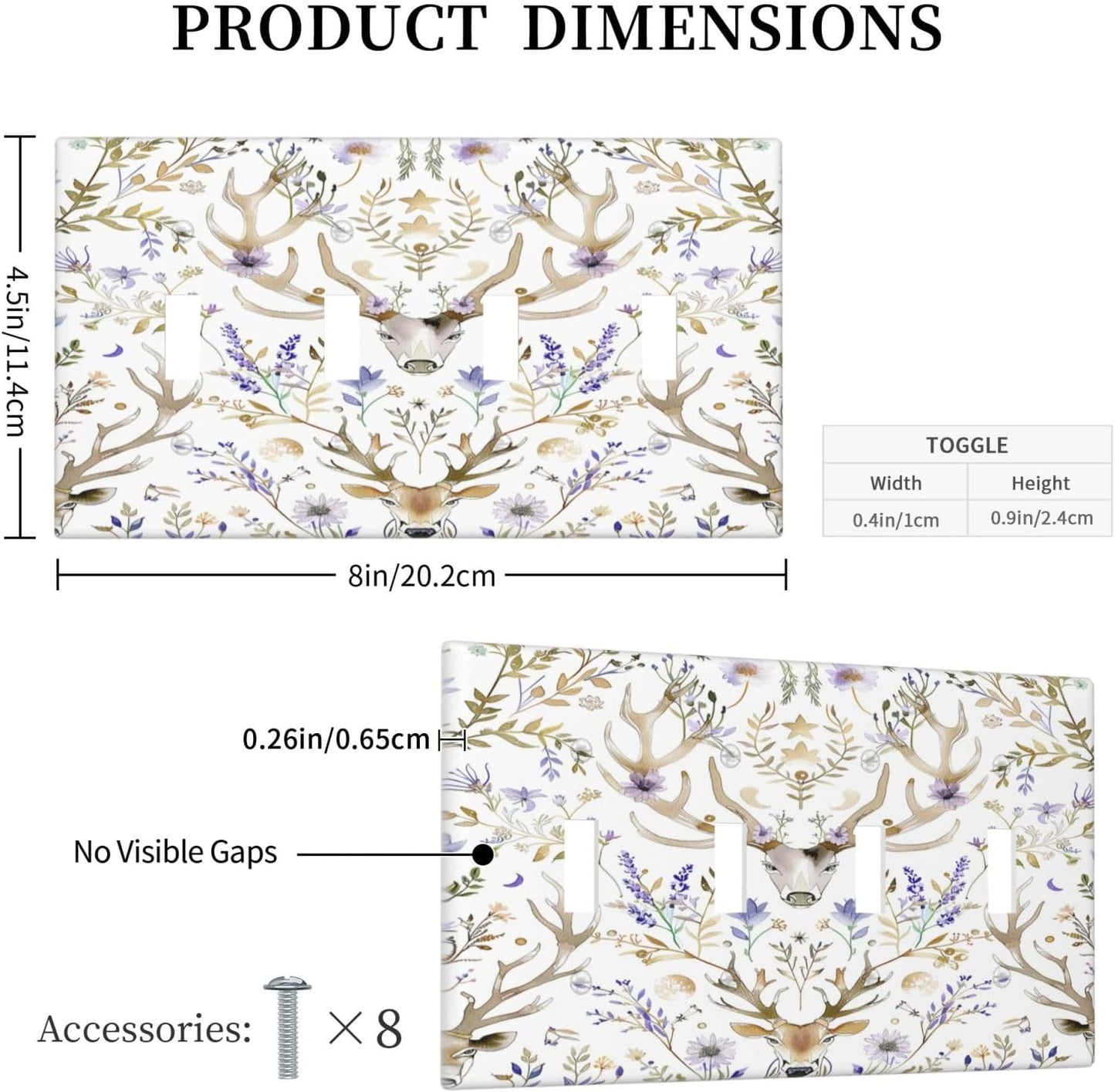 Light Switch Covers Gothic Retro Floral Damask Elk Wild Flower Quad Toggle Electrical Faceplate 4 Gang Wall Plate Decorative Switch Plates For Bed Room Living Room Decor
