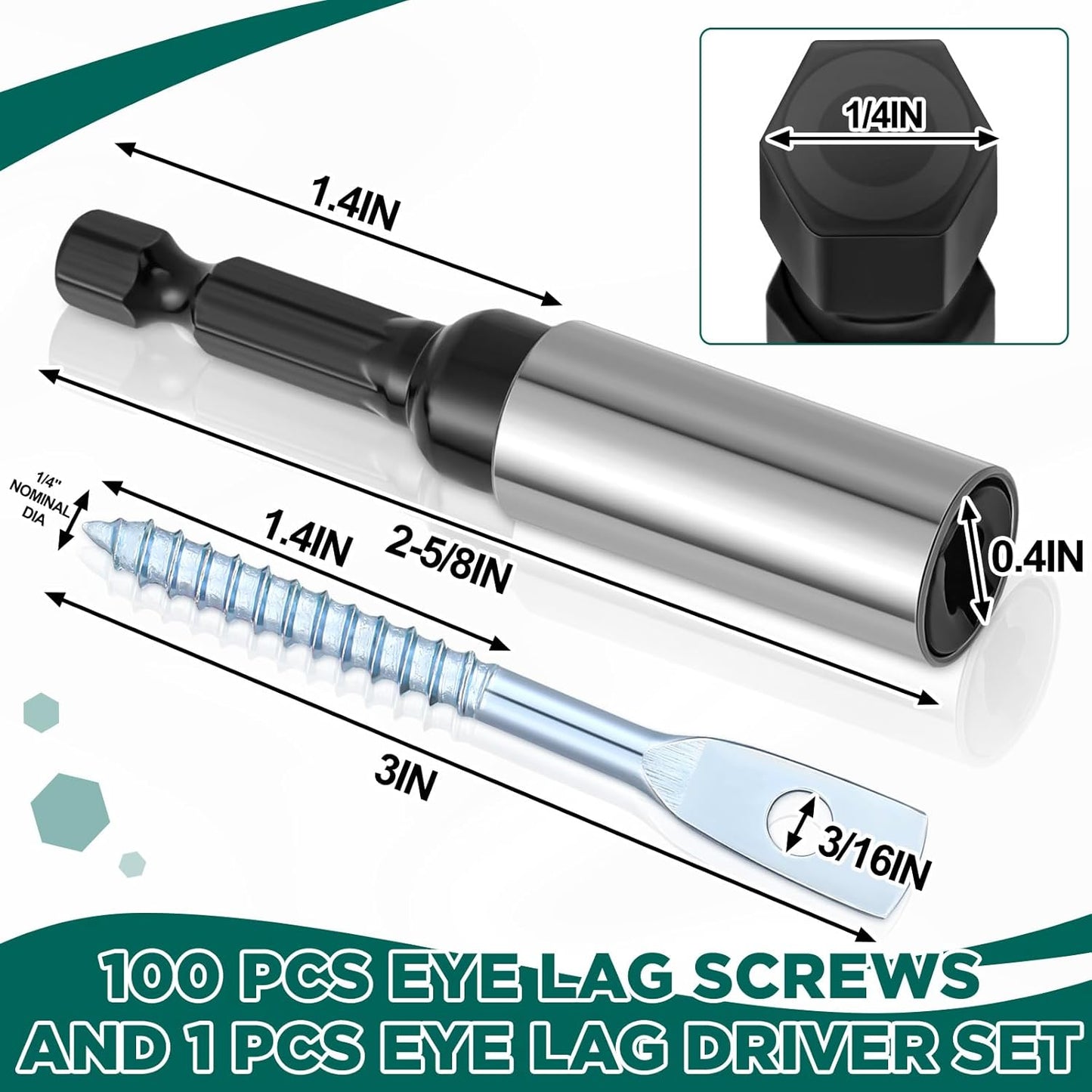 100 Pcs Eye Lag Screws and 1 Pcs Driver Set, 1/4 Inch x 3 Inch Eye Lag Wood Screws Zinc Plated 2-5/8 Inch Quick Install Bit Kit for Use with Attaching Hanger Wire to Ceiling Joists