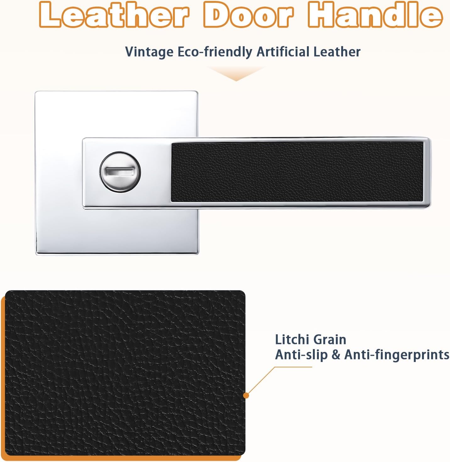 Probrico Square Heavy Duty Door Handle with Black Leather Hand Lever, Keyless Privacy Interior Door Levers for Bedromm and Bathroom, Polished Chrome, 1 Pack