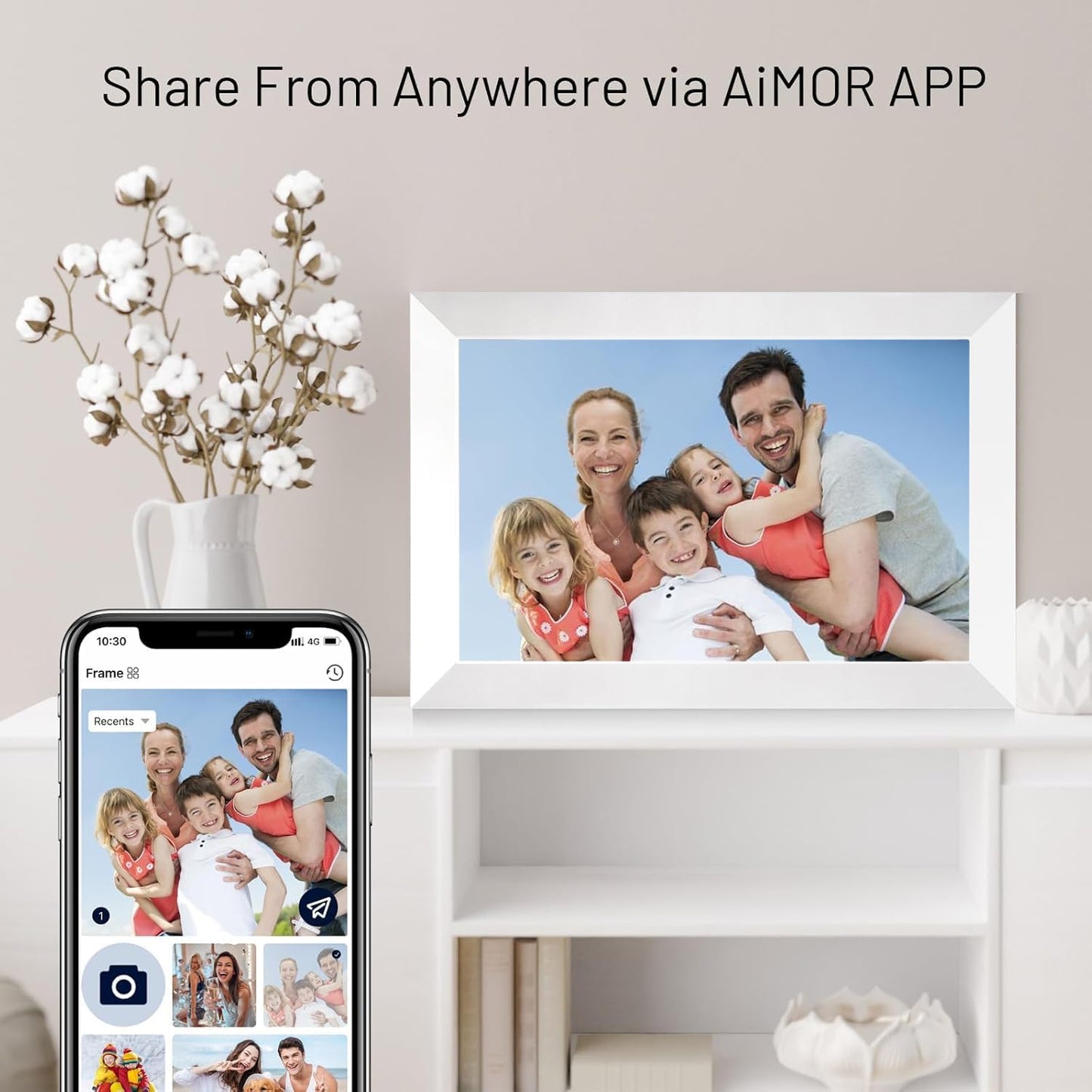 Anna Bella Digital Picture Frame 10.1 Inch IPS HD Touch Screen WiFi Smart Digital Photo Frame with 32GB Storage, Auto-Rotate, Easy Setup to Share Photos or Videos Remotely via AiMOR APP White