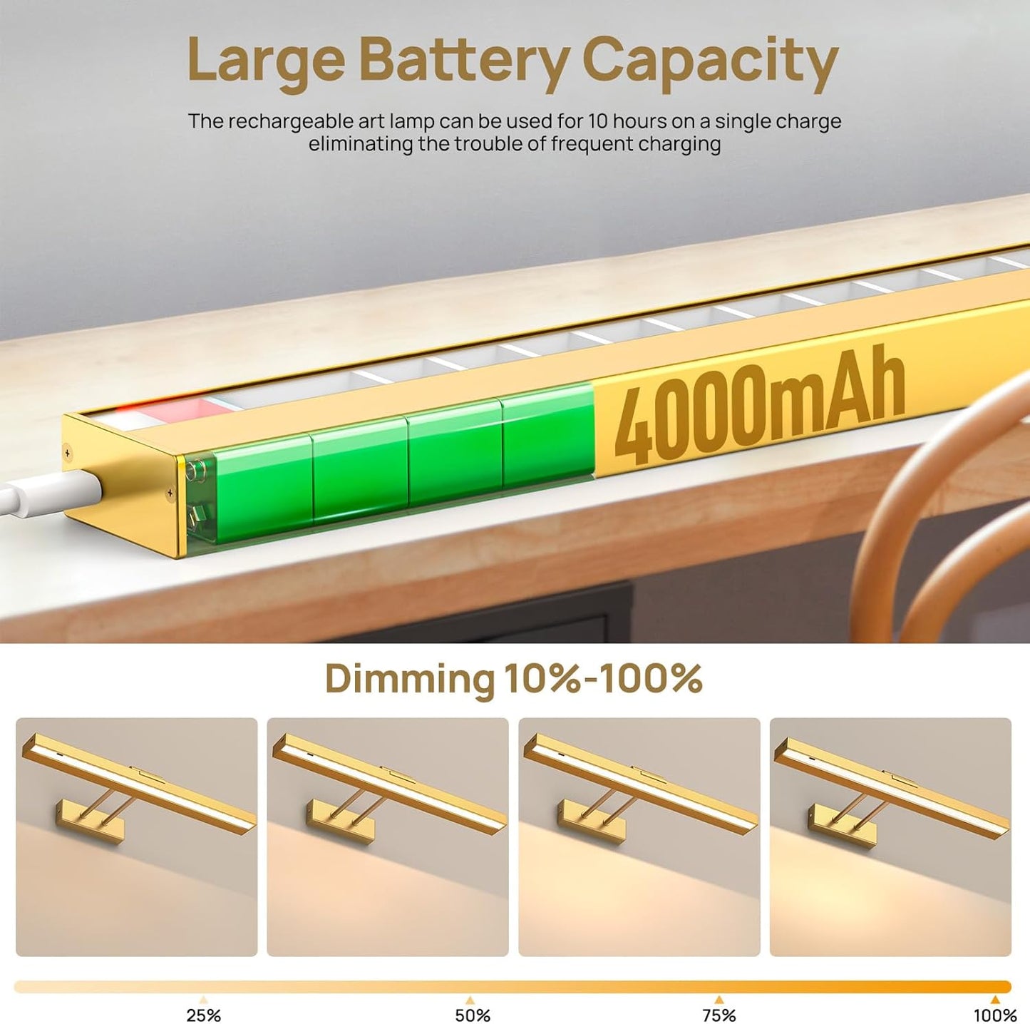 PESUTEN Picture Light Battery Operated, 16in Wireless Art Light for Paintings CCT Dimmable Recharging Battery Picture Light with Remote Control for Gallery Dartboard Art Bedroom Bathroom