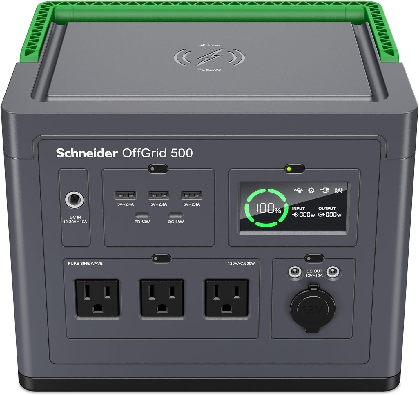 Schneider OffGrid 517Wh Portable Power Station, PPS500 Portable Solar Generator with Wireless Charging Pad, for Camping or Home