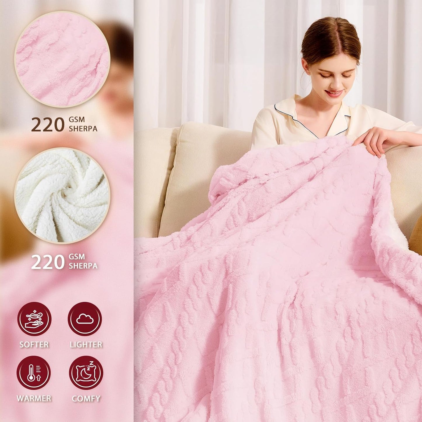Heated Electric Blanket Queen Size-84"x90" Heating Blanket with 10 Heating Levels & 5 Time Settings Over-Heat Protection，Winter Warmer for Adults with ETL Certification（Pink）