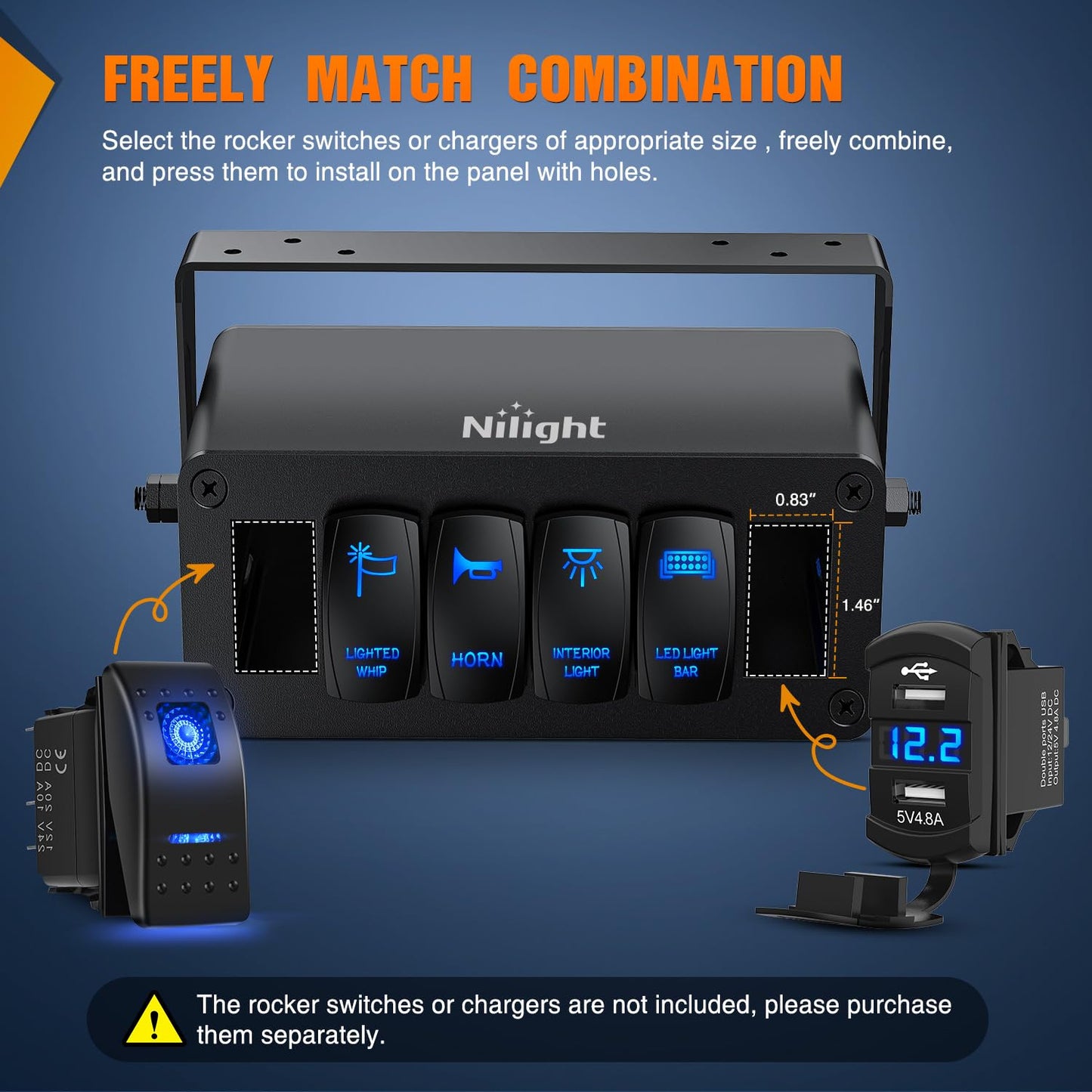 Nilight 6 Gang Rocker Switch Box 6 Holes Panel Detachable Installation Housing Waterproof Aluminum Rotatable Mount Bracket 12V 24V DIY Toggle Switches Voltmeter USB Socket for Boats Cars RVs Trucks
