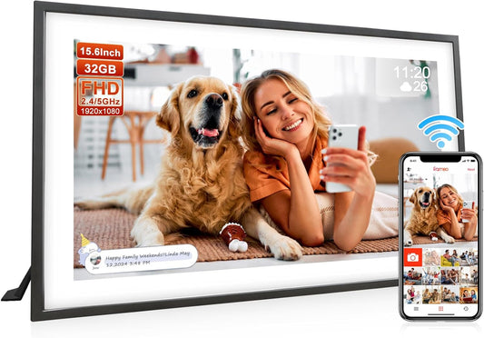 Frameo 15.6 Inch Large Digital Photo Frame, Digital Picture Frame WiFi with 32GB, 1920 * 1080 IPS HD Touch Screen, Electronic Picture Frame IPS Touch Screen with Auto-Rotate, Frameo Digital Frame Wifi