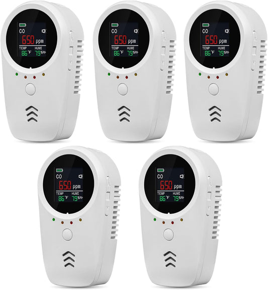 5PCS 5-in-1 Rechargeable Carbon Monoxide & Natural Gas Detectors with Temperature/Humidity LCD Display & 2000mAh Lithium-ion Battery, Portable Plug in Co Detector for Home Travel RV Essentials