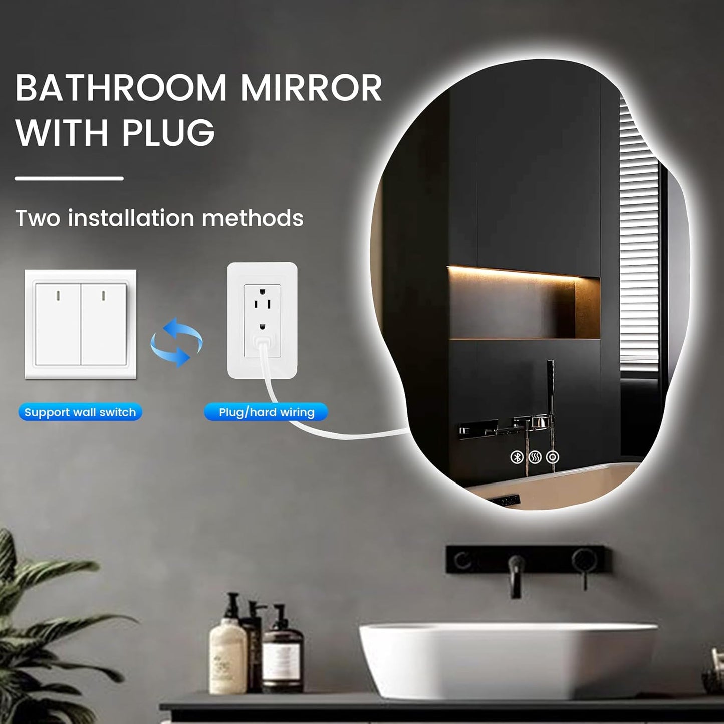 Irregular Led Bathroom Mirror with Bluetooth, 22 x 30 Inch Lighted Mirrors, Backlit Mirror with Anti-Fog, Memory Function, 3 Color Temperature, Dimmable Asymmetrical Led Mirror