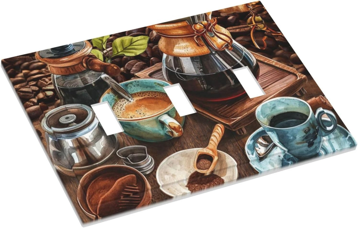 Decorative Light Switch Cover Plate Retro Coffee Maker Beans Cup 3 Gang Wall Plate Oversized Triple Toggle Switch Cover Plate Jumbo Faceplate for Kirchen Home Decor