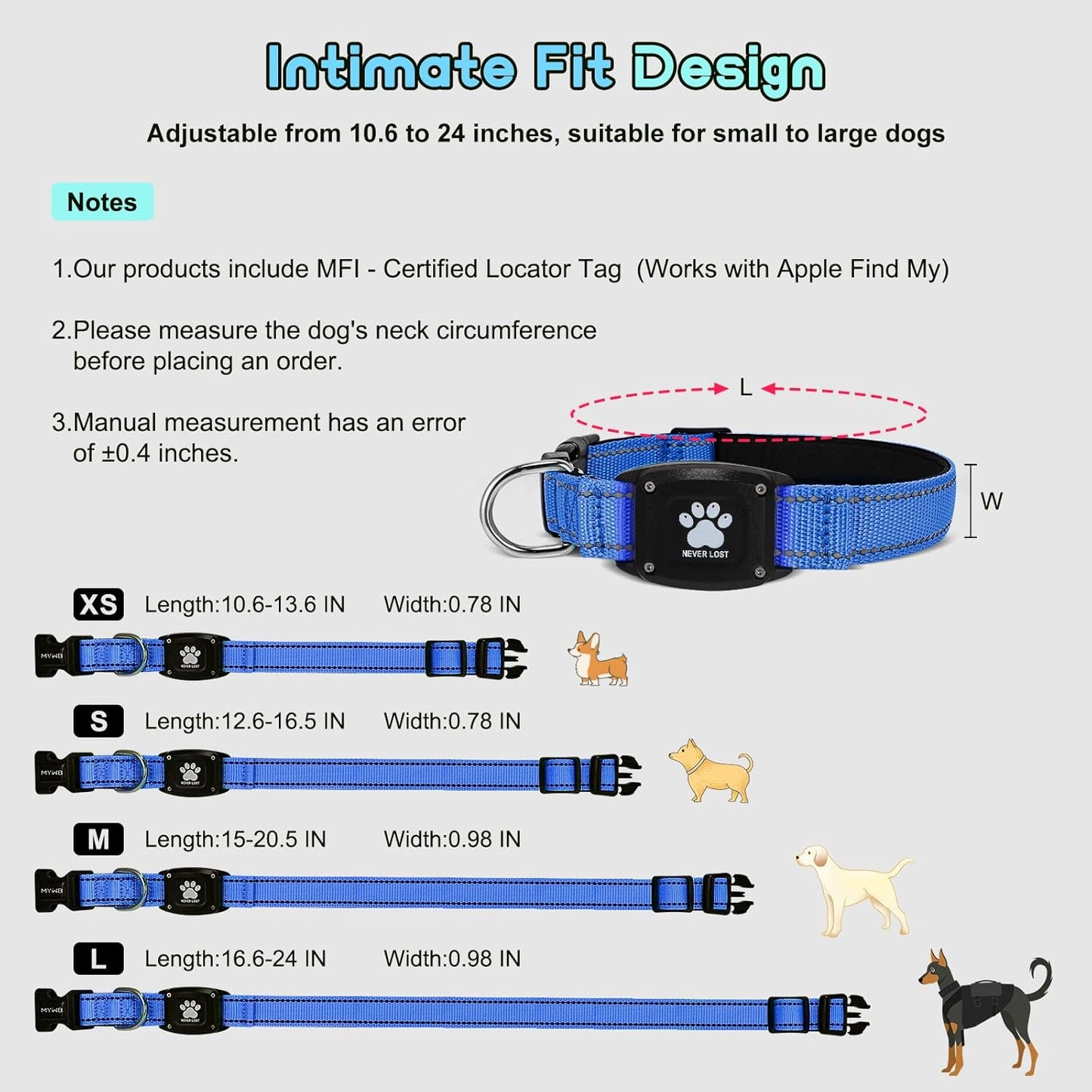 GPS Dog Collar Tracker 2-in-1,Reflective Waterproof Pet Collar,iOS-Only,No Monthly Fees,Unlimited Range,Ideal for Dog Tracking pet Tracker,for Small Dogs(S (12.6"-16.5" Width:0.78"), Blue)
