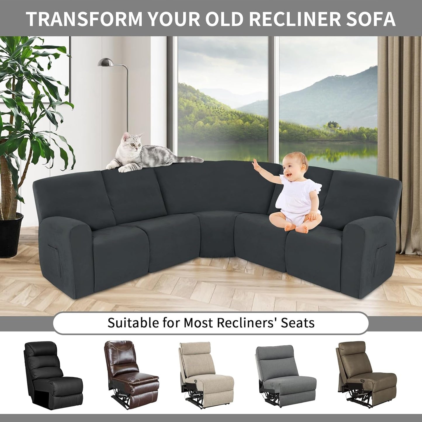 Easy-Going 100% Waterproof Recliner Cover Additional Seat Cover for Reclining Couch, Stretch Sofa Covers Washable Furniture Protector for Kids & Pets, 1 Seat, Dark Gray