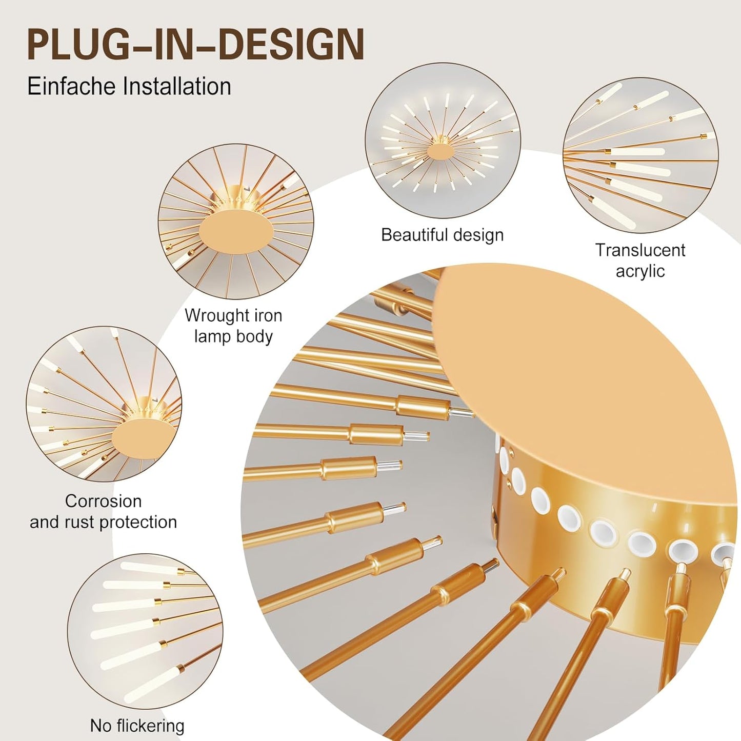 Modern Ceiling Light Flower Shape, Metal Firework Ceiling Lamp with Plug-in LED Source, Lighting Fixture for Living Room Dining Room Bedroom, Natural Light