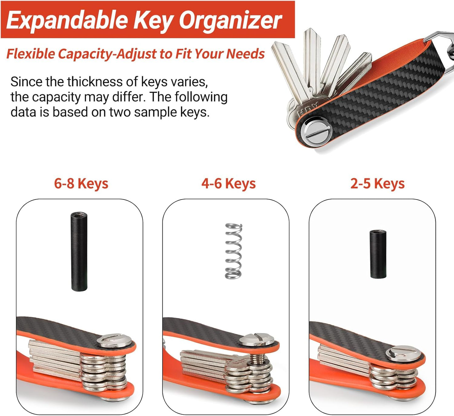 T-carbon Key Organizer, Carbon Fiber Leather Compact Key Holder, Silent Keychain, Expandable Key Case Holds Up to 8 Keys