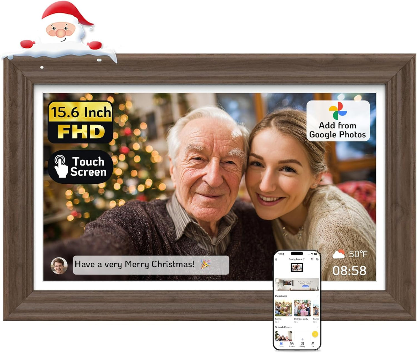 NexFoto Touchscreen Digital Picture Frame 15.6'', FHD WiFi Digital Photo Frame, Wood Electronic Frame 64GB, Add Pics from Google Photos, Share Photos/Videos, for Mom Christmas/Birthday, Walnut