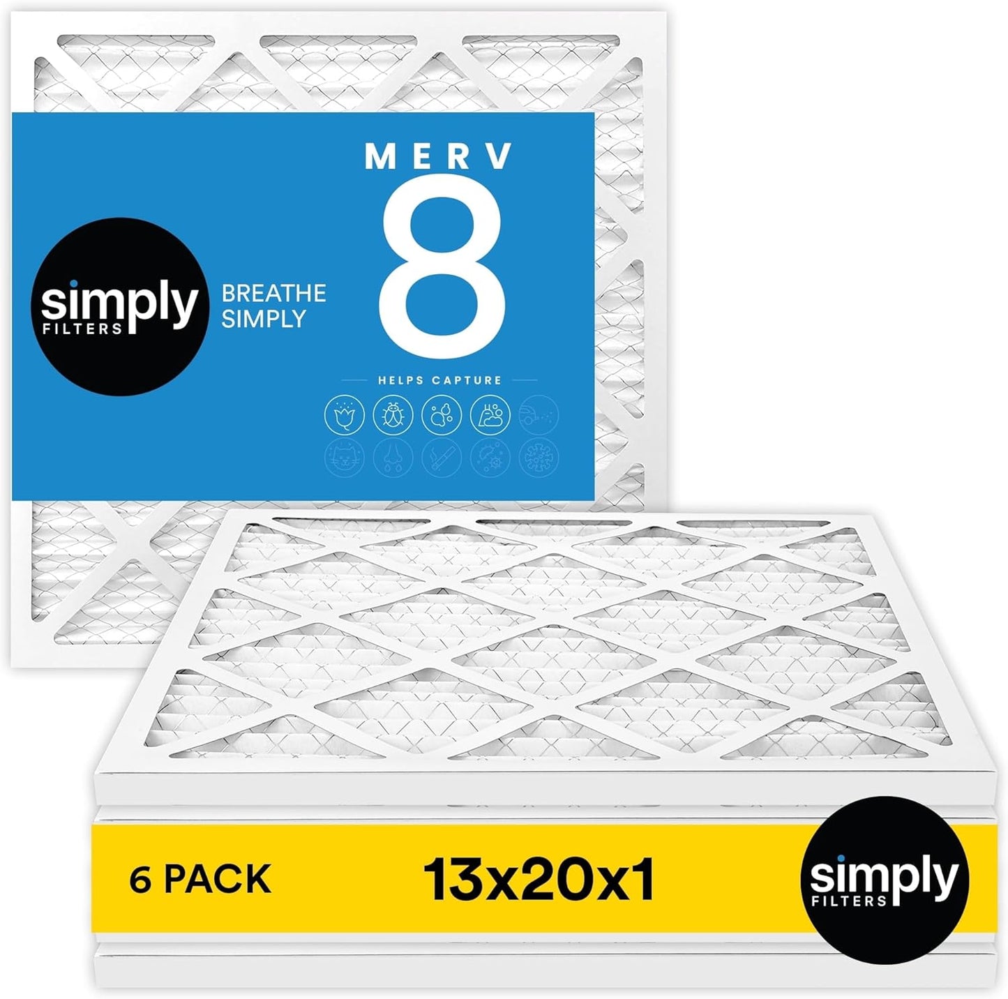 Simply 13x20x1 Air Filter, Merv 8, 6 Pack, For Home AC Furnace & HVAC (Actual Size: 12.75"x19.75"x0.75") DUST, Pet, & Allergy Control