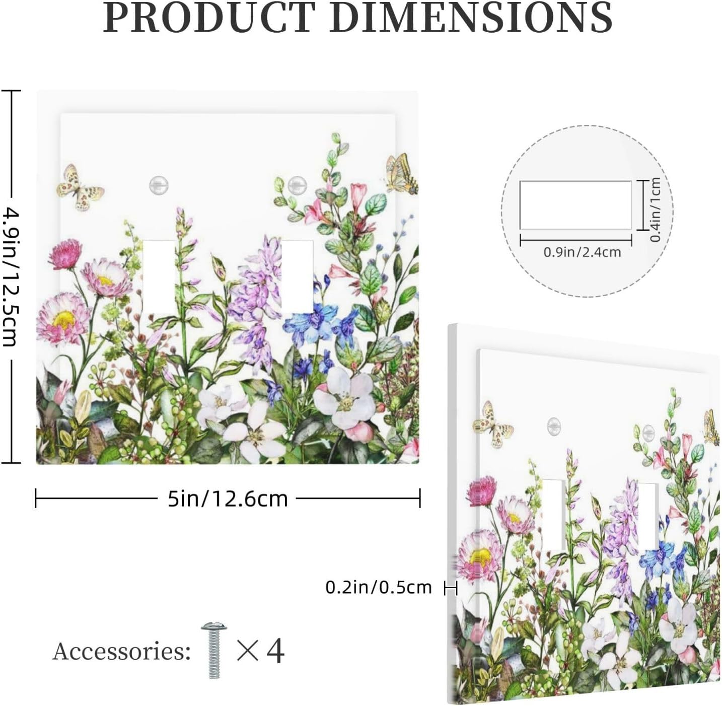 Boho Colorful Wildflowers Butterfly Green Plant Leaf Double Toggle Light Switch Covers 2 Gang Wall Plate Dual Decorative Switchplate Electrical Faceplate for Country Bathroom Bedroom Decor