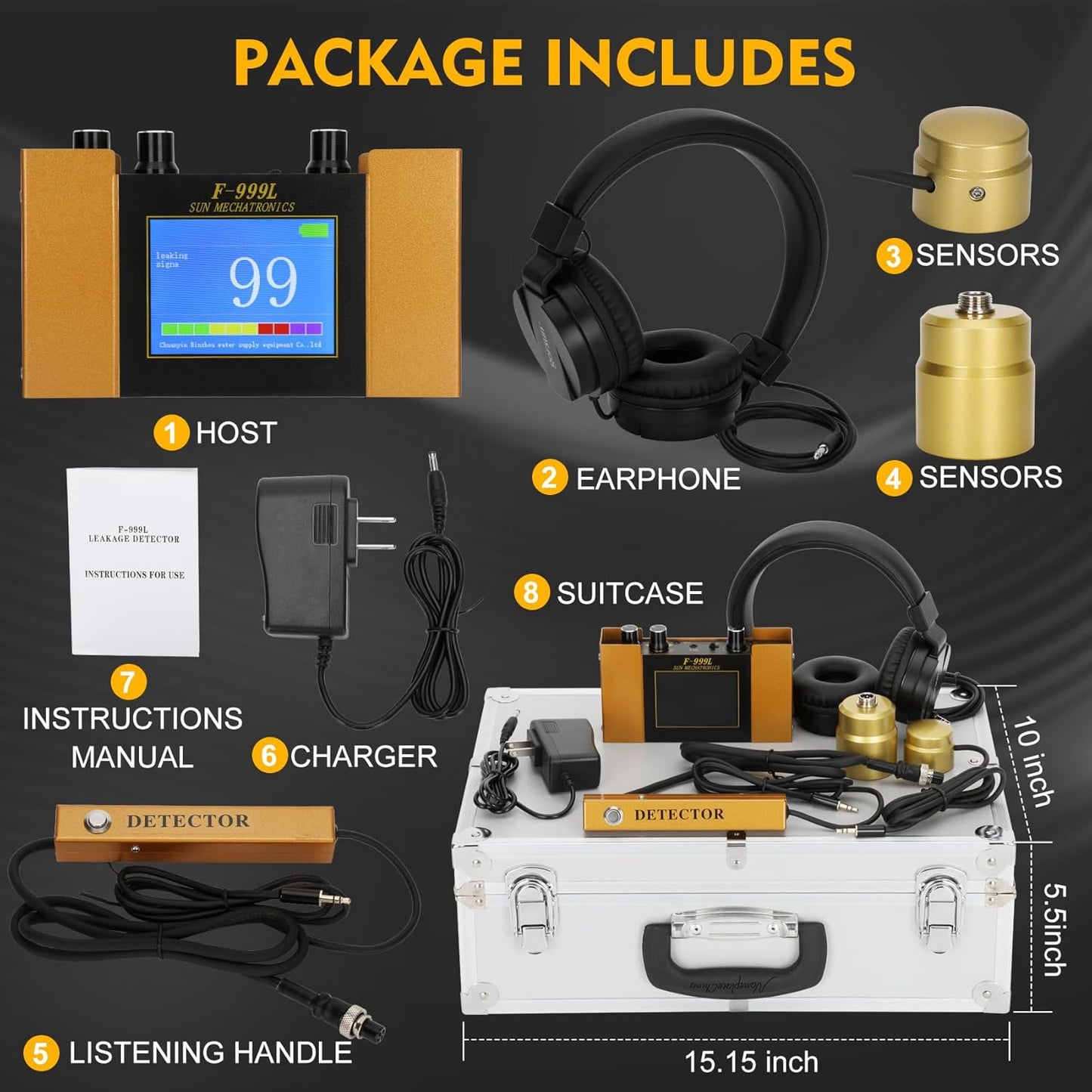 Underground Water Leak Detector, Water Pipe Leak Detector, Two Size Sensors Precise Positioning, High-Sensitivity Digital Display Leakage Sensor, Carrying Case