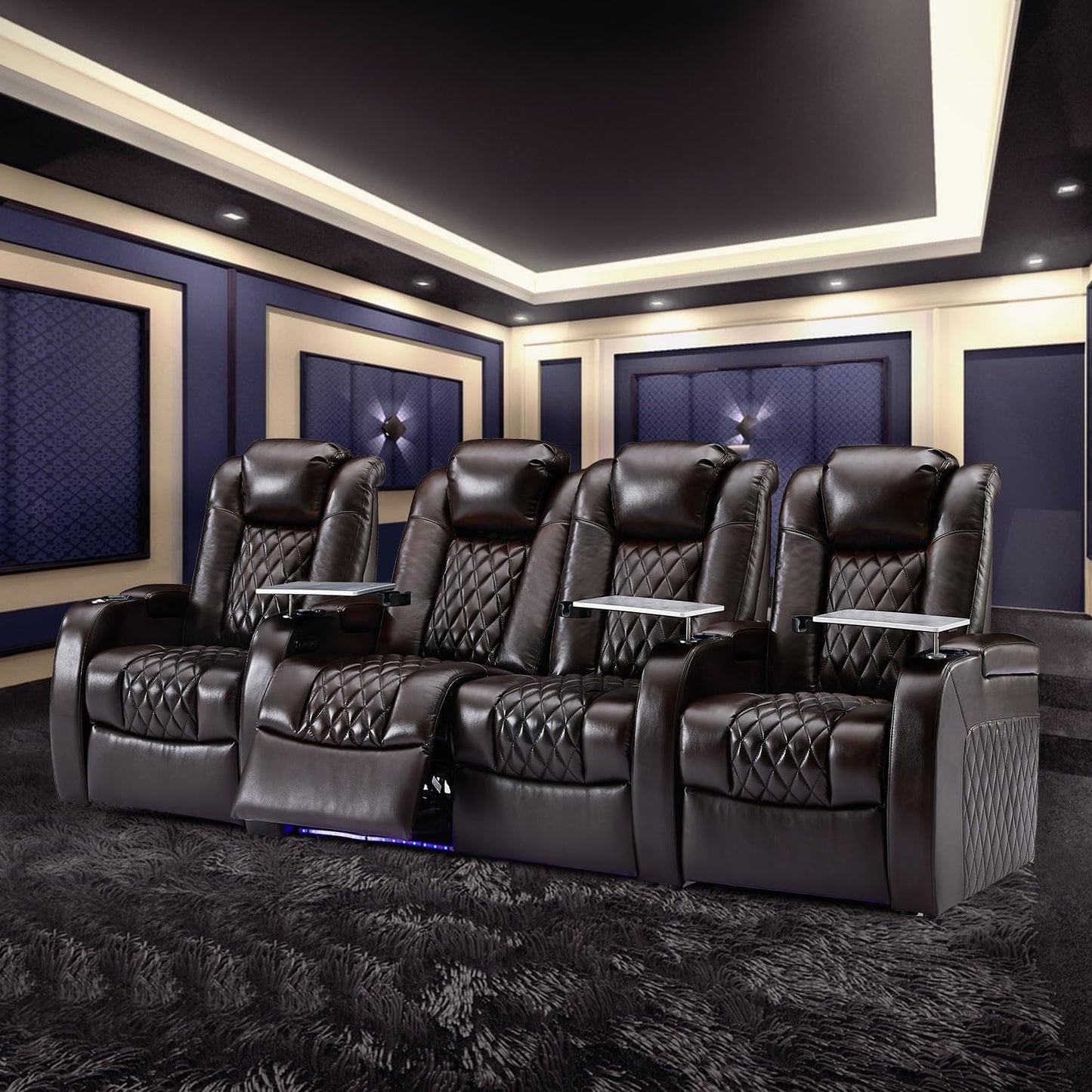 Weilianda Home Theater Seating Top Grain Leather Zero Gravity Recliner Chair Power Headrest Recline Movie Seat Gaming 7 Colors Mood Light Sofa with Tray Table USB Charge Row of 4 Loveseat Middle Brown