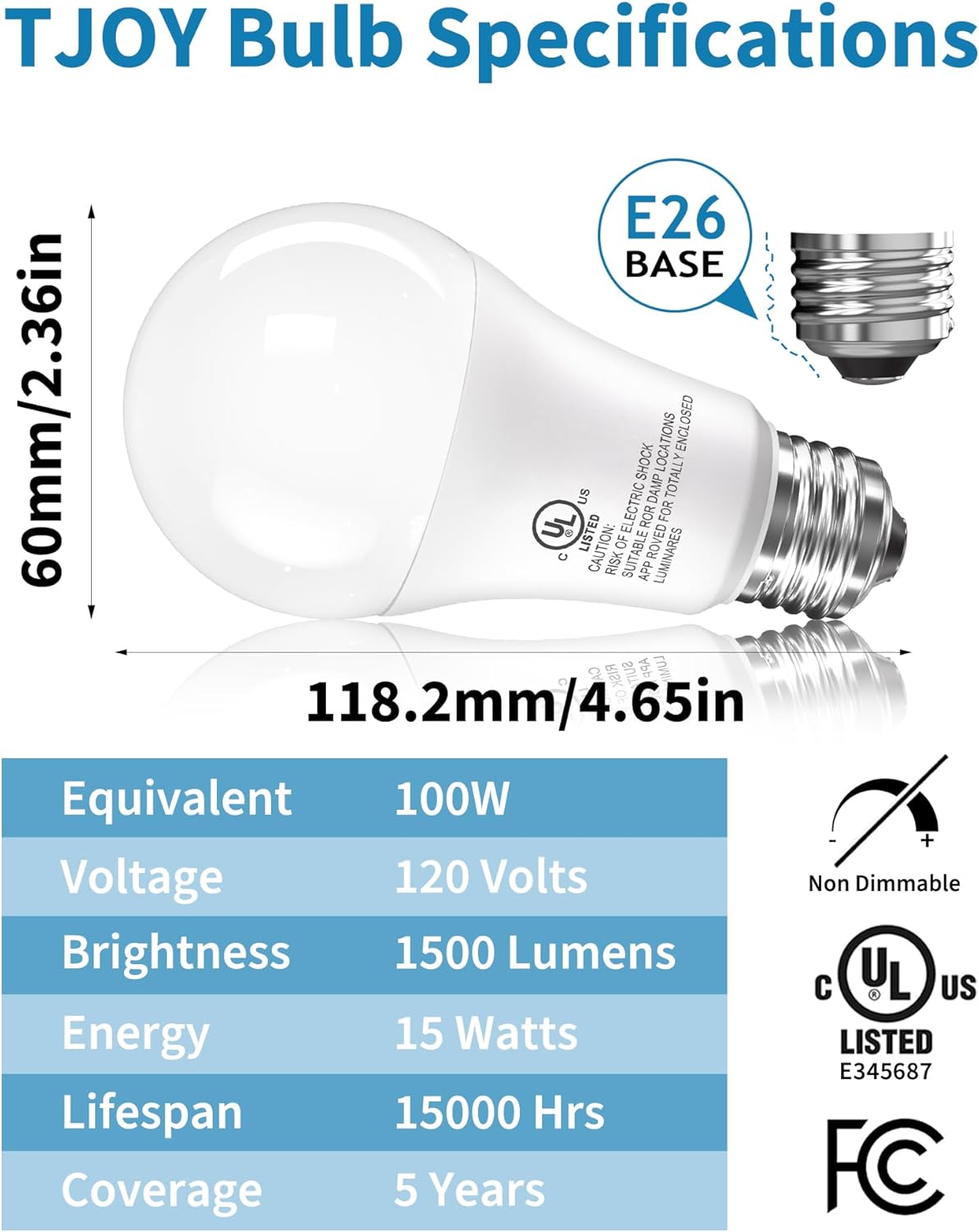 TJOY LED Light Bulbs, 100 Watt Equivalent A19, 5000K Daylight LED Bulbs, 15W Bright White Light Bulbs, Energy Saving Light Bulb with E26 Standard Base, 1500 Lumens Non Dimmable Lamp Bulb, 3 Pack