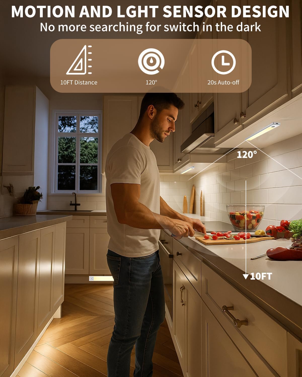 Under Cabinet Lighting 12 inch Rechargeable Battery Operated Motion Sensor Light Wireless Under Counter Lights for Kitchen, Stairs,Hallway (3 Pack)