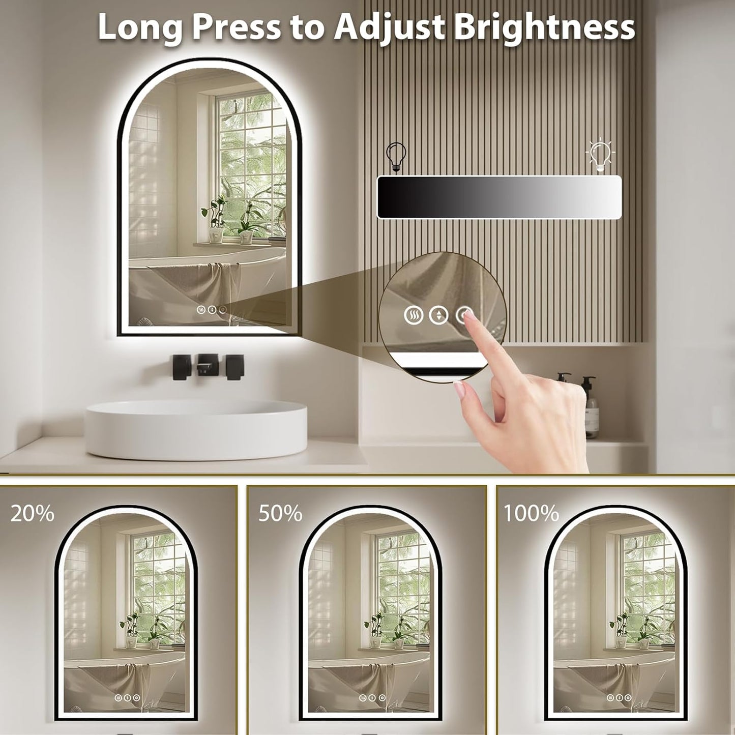 Arch Vanity Mirror with Lights, 24x36 Inch Led Mirror for Bathroom, Wall-Mounted Mirror with Anti-Fog, Memory Function, 3 Color Temperature, Dimmable Led Bathroom Mirror