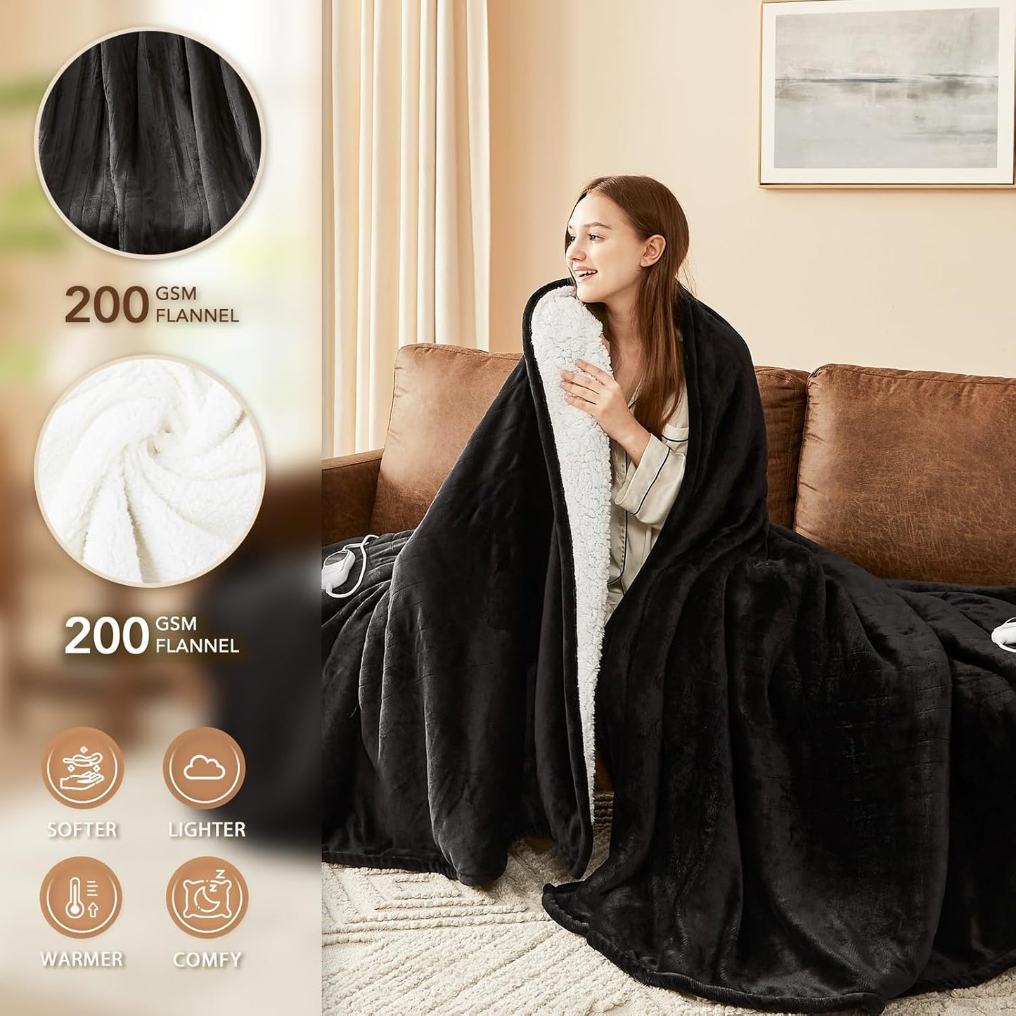 Homemate Heated Electric Blanket King Size - 100"x90" Heating BedBlanket Throw with 10 Heating Levels&8 Hours Auto Off, Fast Heating Over-Heated Protection Ultra Soft Flannel ETL Certified, Black