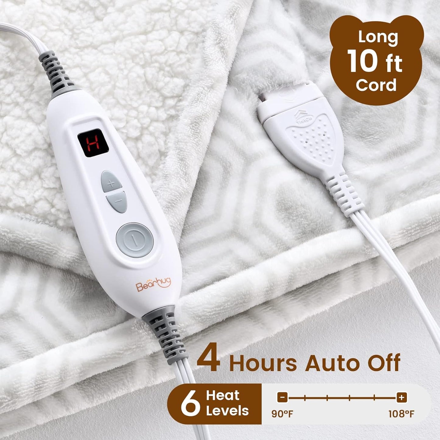 Bearhug Electric Throw Blanket 50" x 60", Reversible Velvet & Sherpa Heated Throw, 6 Heating Levels & 4H Auto Off, Over-Heat Protect, ETL Certification, Machine Washable