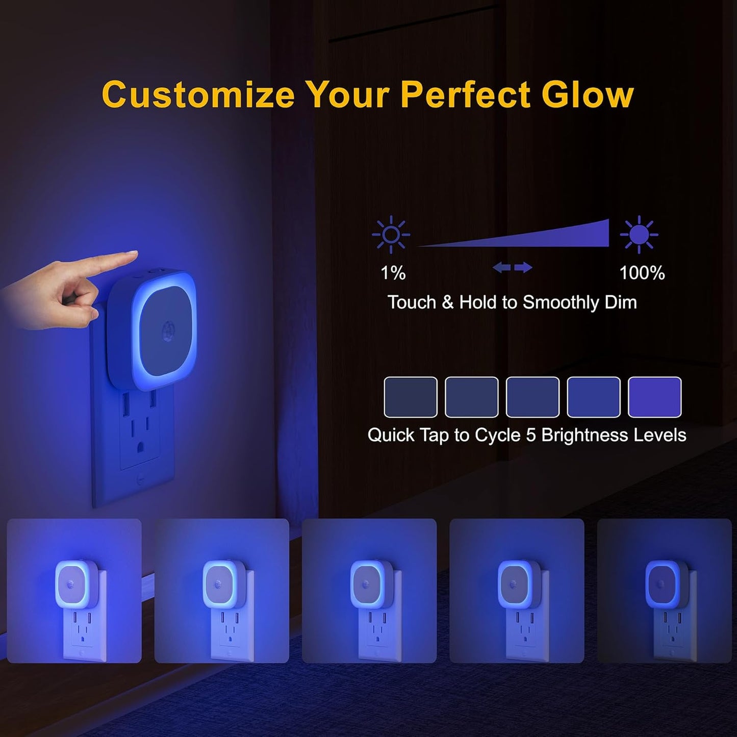 2 Pack Plug in Night Light with Motion Sensor & Dusk to Dawn Sensor, 3 Sensor Modes, Blue Night Lights Plug into Wall, Dimmable Nightlight for Bathroom, Bedroom, Indoor
