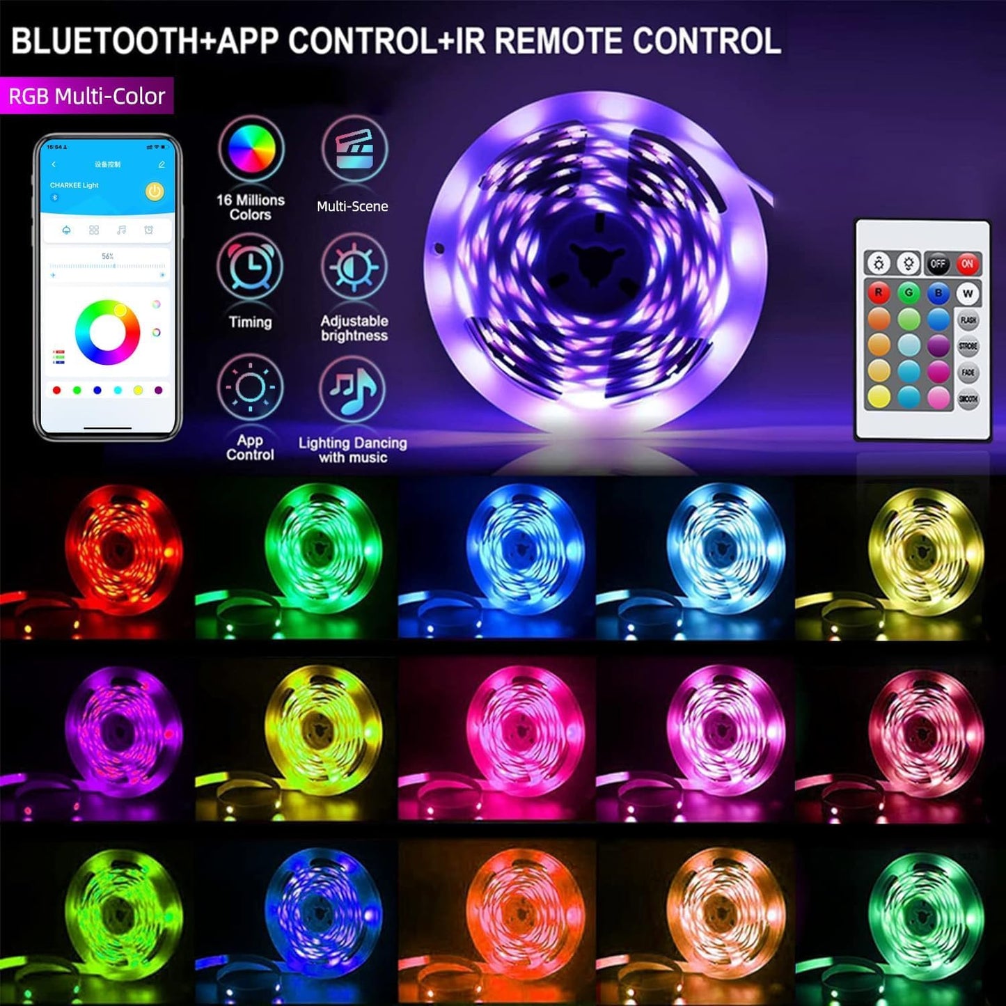 CHARKEE LED Strip Lights 110ft, Music Sync RGB LED Strip Lights for Bedroom/Gaming/Wall Decoration, Color Changing Bluetooth Led Lights IR Remote& APP Control, DIY(Dual-Side Power)