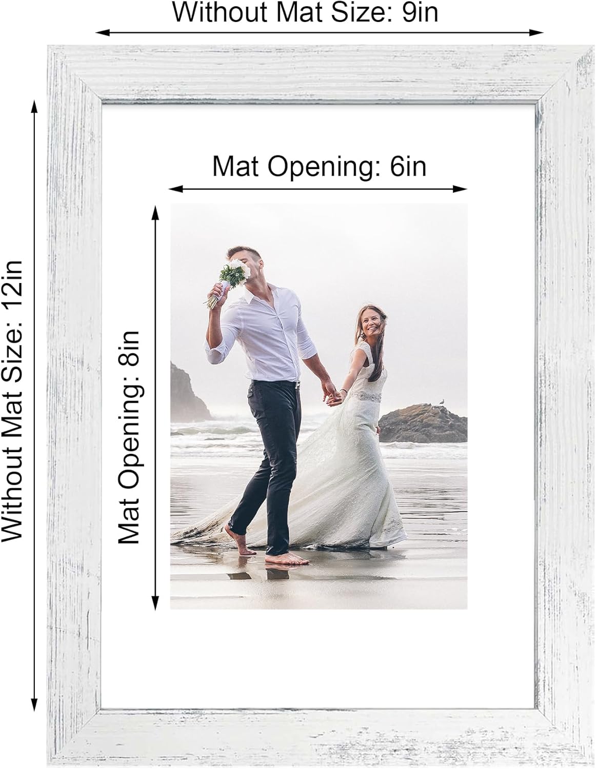 iRahmen 9x12 Picture Frame Set of 4 with Tempered Glass, Distressed White Frame Display 6x8 Picture with Mat or 9 x 12 Without Mat, Wooden Photo Frame for Wall Mount and Tabletop Display
