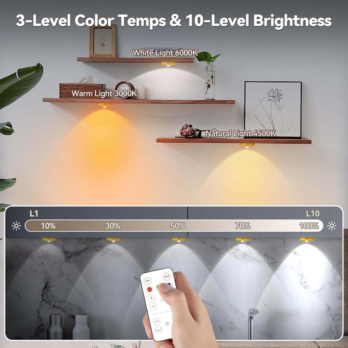 Yiliaw Rechargeable Puck Lights with Remote, 3 Pack Magnetic Under Cabinet Lighting, 1500mAh Battery Operated LED Tap Lights with Dimmer & Timmer for Kitchen, Closet, Shelf - 3 Color Temps, Gold