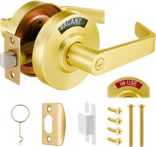 Tandefio 1 Set Vacant Occupied Bathroom Lock, Commercial Door Handle with in-use or Vacancy Occupied Deadbolt, Privacy Indicator Restroom Handle Lock for Restrooms, Satin Chrome (90 mm,Gold)
