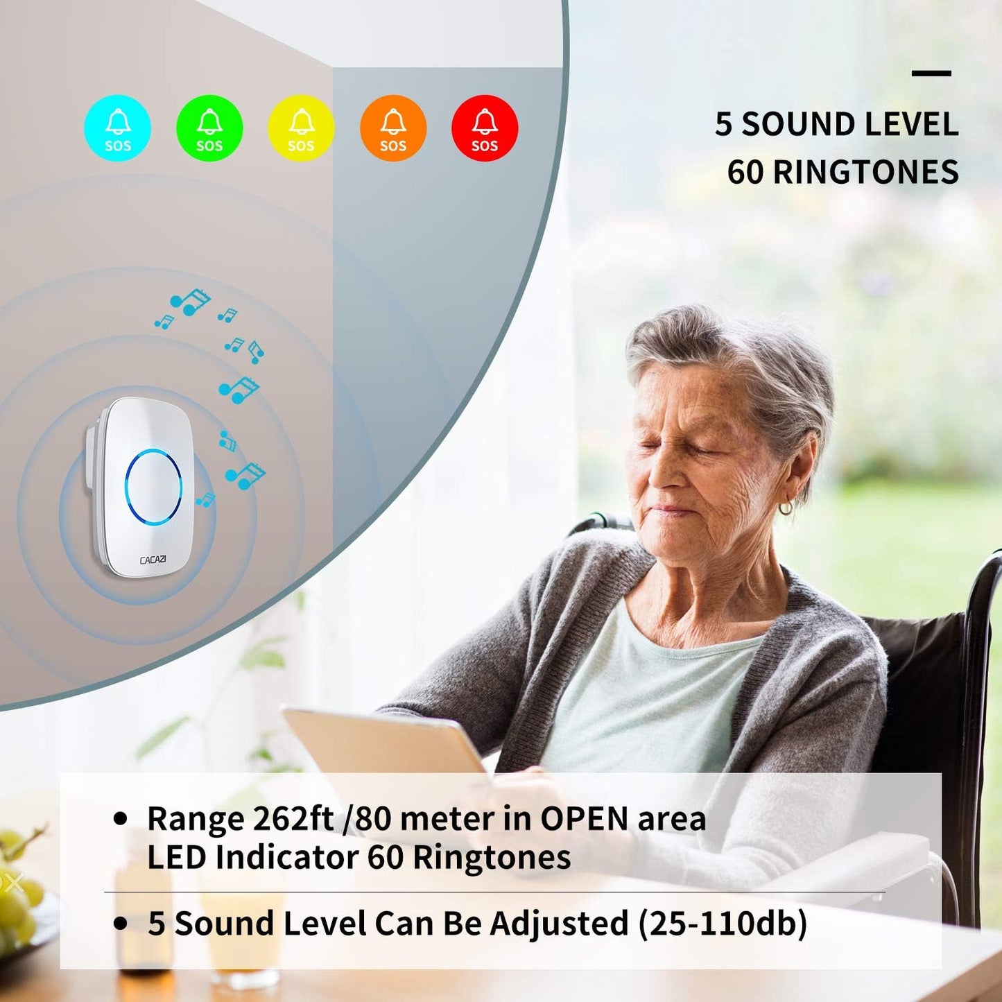 Caregiver Pagers Wireless Call Button for Elderly Patient Personal in Home Life Alert System for Seniors Range 260ft/80Menter,60 Ringtones (1SOS Button+1 Receiver)