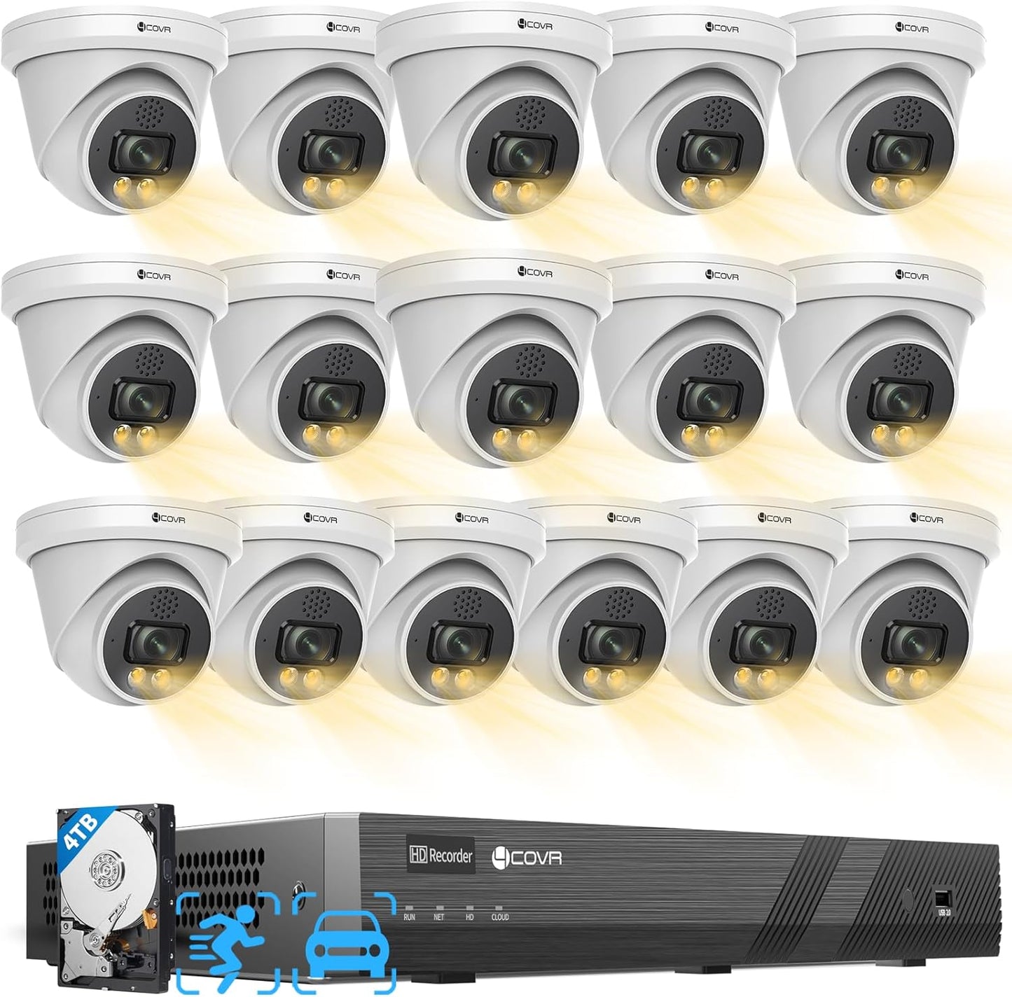 4COVR 16 Channel Security Camera System, 16CH NVR 4TB HDD,2-Way Talk & Dual Lights Smart Color Night Vision, AI Smart Detection, 16x 8MP Commercial IP67 IP Dome PoE Camera for Business, LY97KA8M1616